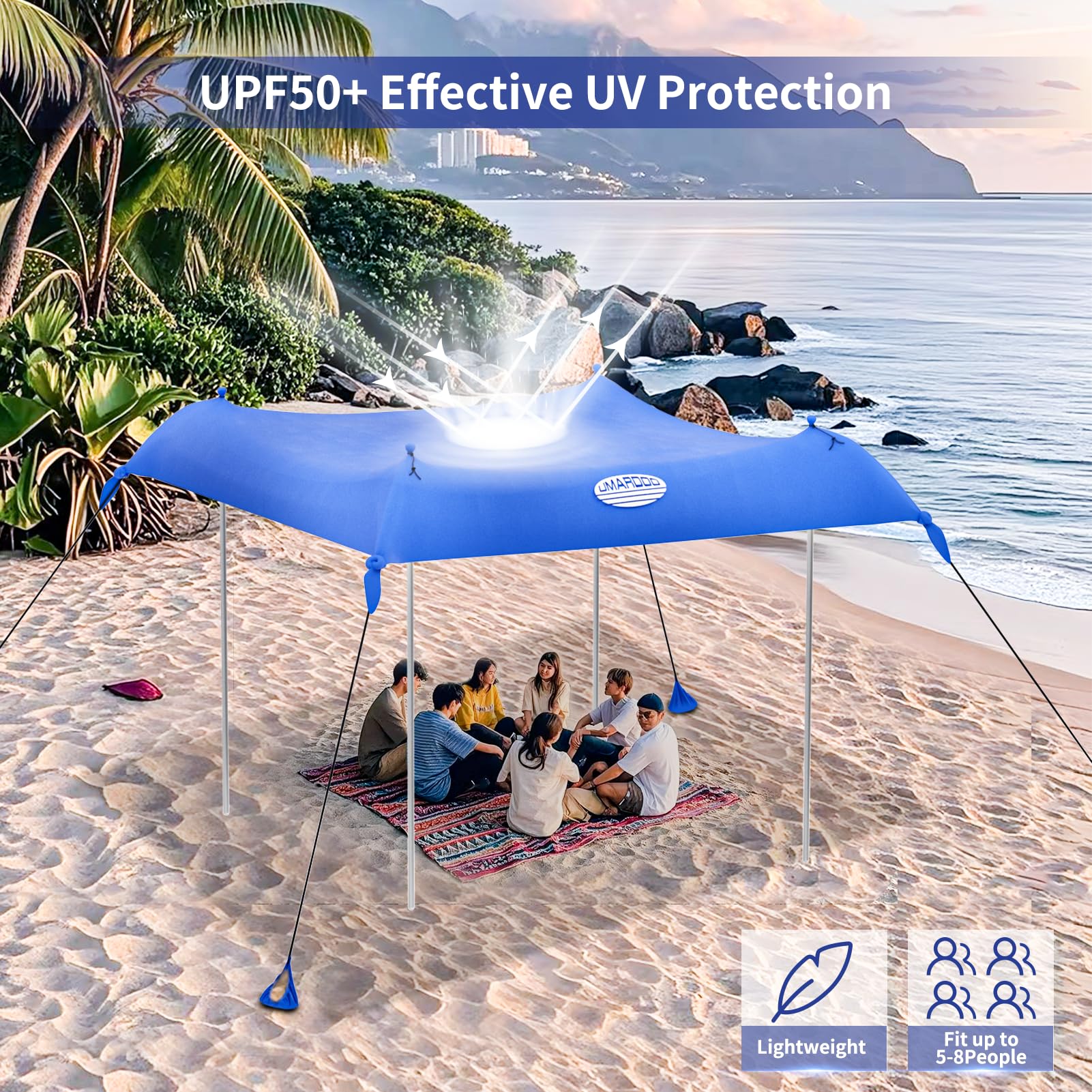 UMARDOO 10x10FT Portable Beach Tent - UPF 50+ Sun Shelter with Carry Bag, Wind Resistant Canopy for Family Outdoor Travel, Camping, Picnics & Beach Days (Blue)