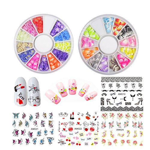 2 Wheels Combo Set - 3D Nail Art Slices, Fimo Decal Pieces & Rhinestones for DIY Manicure - 4 Sheets Water Transfer Nail Stickers (Set6A) - Perfect for Home Nail Art, Salon Decorations & Party Makeup Accessories