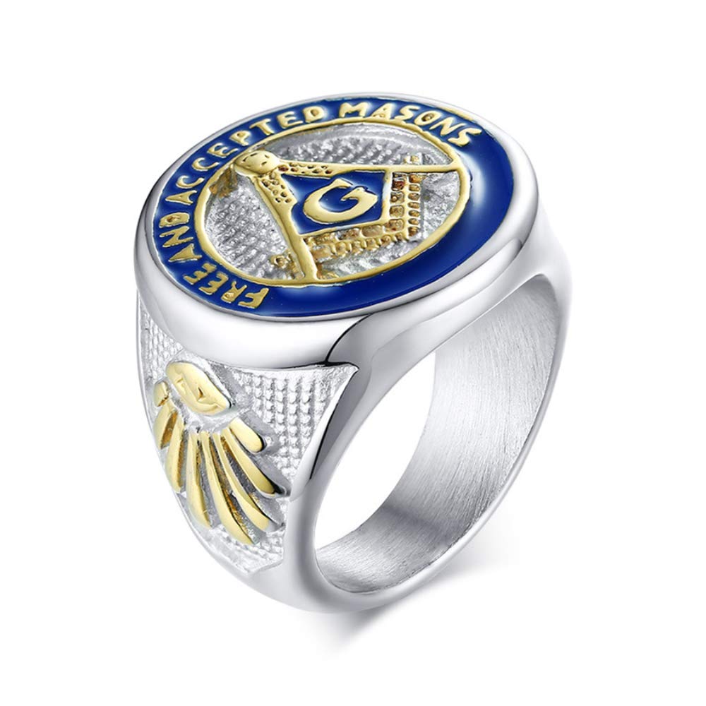 Men's Freemason Symbol Masonic Ring - Stainless Steel Signet Ring in Silver, Gold & Blue - Free and Accepted Masons Jewelry for Brotherhood & Formal Occasions