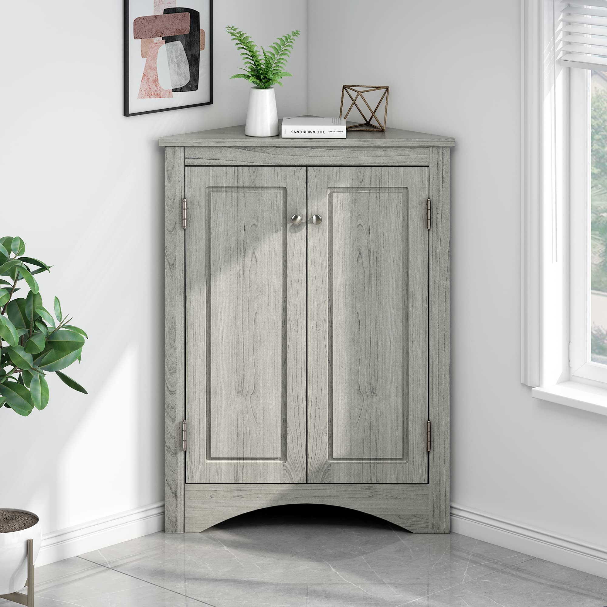 Mbolyeer Adjustable Shelf Corner Cabinet - Freestanding Triangle Storage Cabinet with 2 Doors for Bathroom, Kitchen, Living Room & Bedroom - Solid Oak Floor Cabinet | Perfect for Small Space Organization & Home Decor