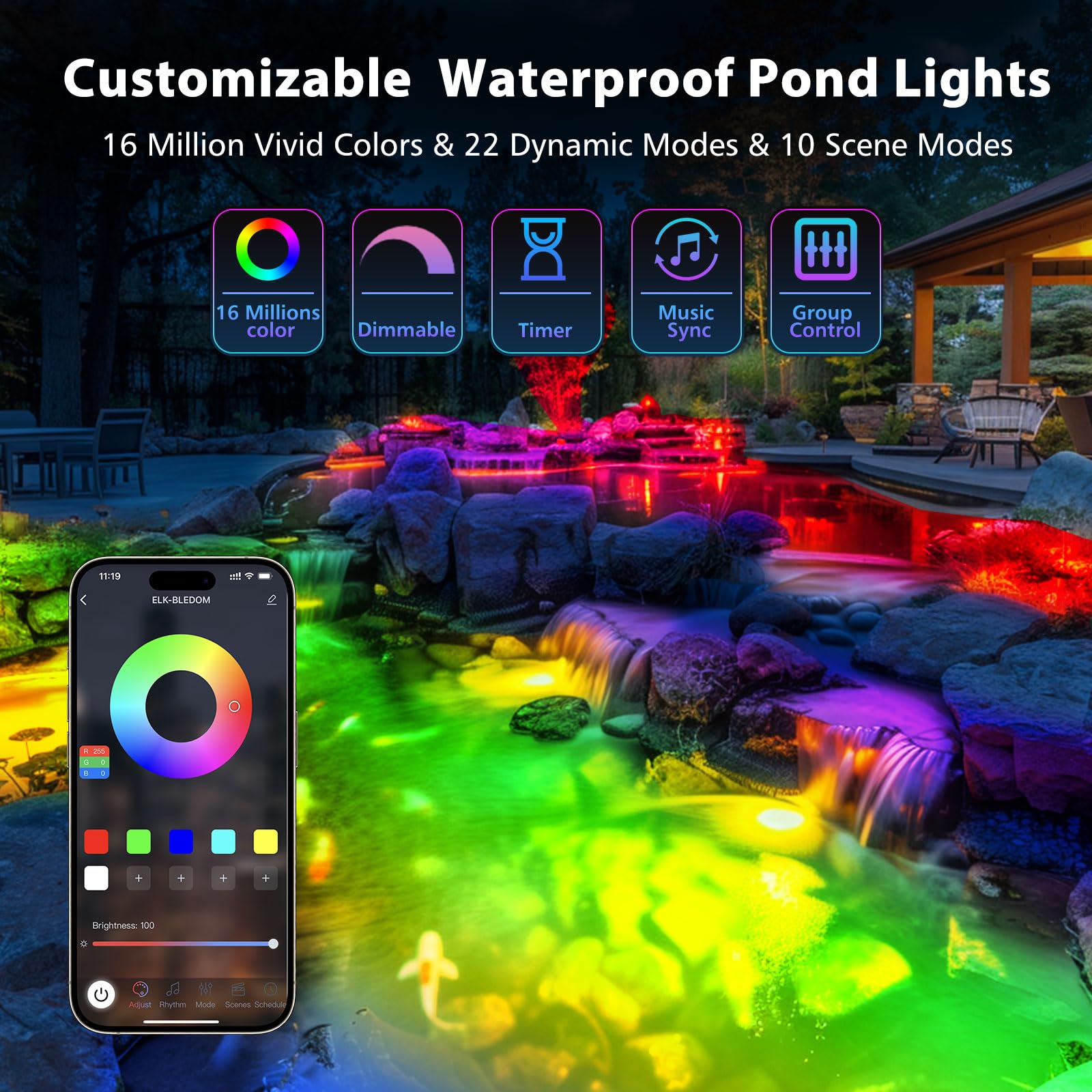 LyLmLe 6W RGB LED Pond Lights with APP Control - SS316 Stainless Steel Underwater Fountain Light with 12V Transformer, IP68 Waterproof Outdoor Lighting for Ponds, Waterfalls & Fountains (4-Pack) - Perfect for Landscape Lighting, Pool Decor & Garden Water Features
