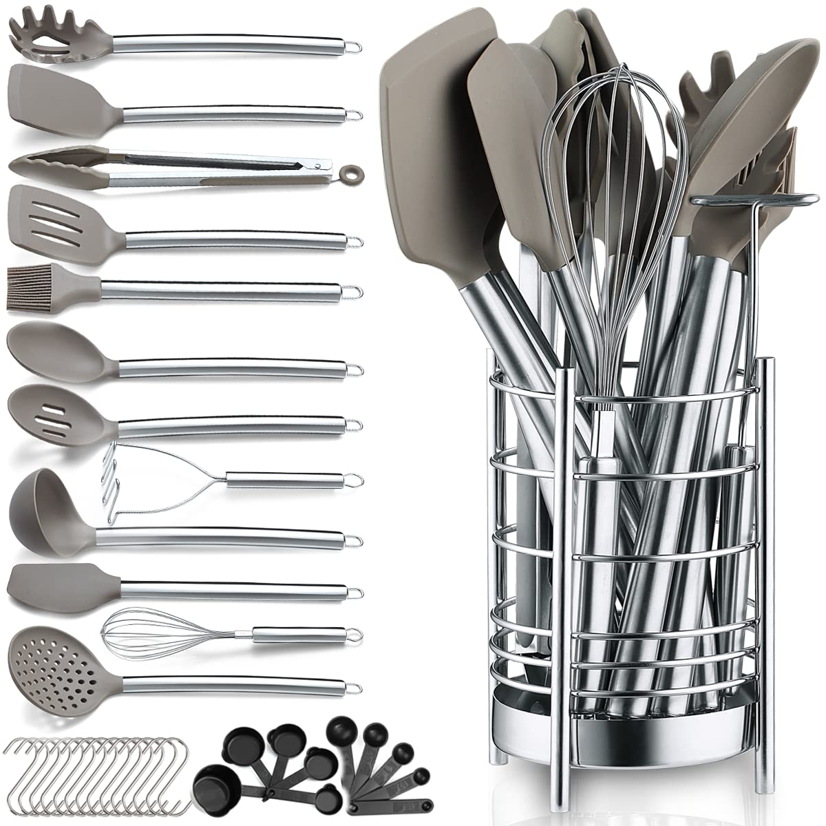 Berglander 38-Piece Non-Stick Silicone Cooking Utensils Set with Stainless Steel Holder - Heat Resistant Kitchen Tools for Baking, Frying & Grilling - Dishwasher Safe for Easy Cleaning - Perfect for Home Chefs & Professional Kitchens
