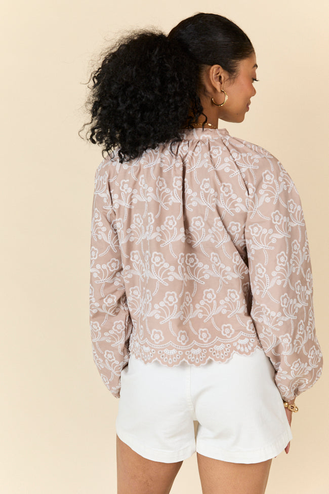 Downtown Delight Women's Embroidered Tan Blouse - Elegant Floral Design Casual Top for Work & Date Night | Perfect for Office, Party & Spring Outfits