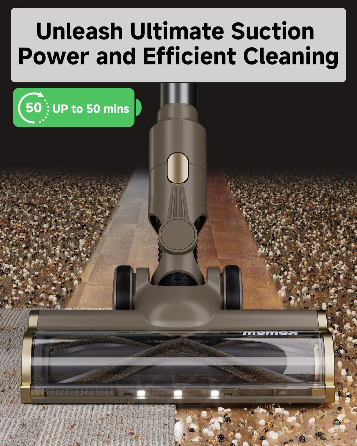 Powerful Cordless Upright Vacuum Cleaner for Home - Rechargeable, Lightweight with 50 Min Runtime | Ideal for Carpets, Hard Floors, Pet Hair & Cat Litter (Gold & Black) | Perfect for Quick Cleanups, Pet Owners & Multi-Surface Homes