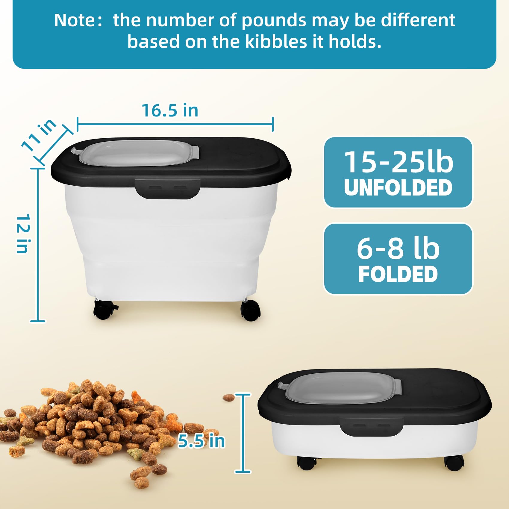Collapsible Dog Food Storage Container with Wheels - 17-20 lb Airtight Pet Food Bin with Scoop & Measuring Cups - Perfect for Home, Travel & Outdoor Use