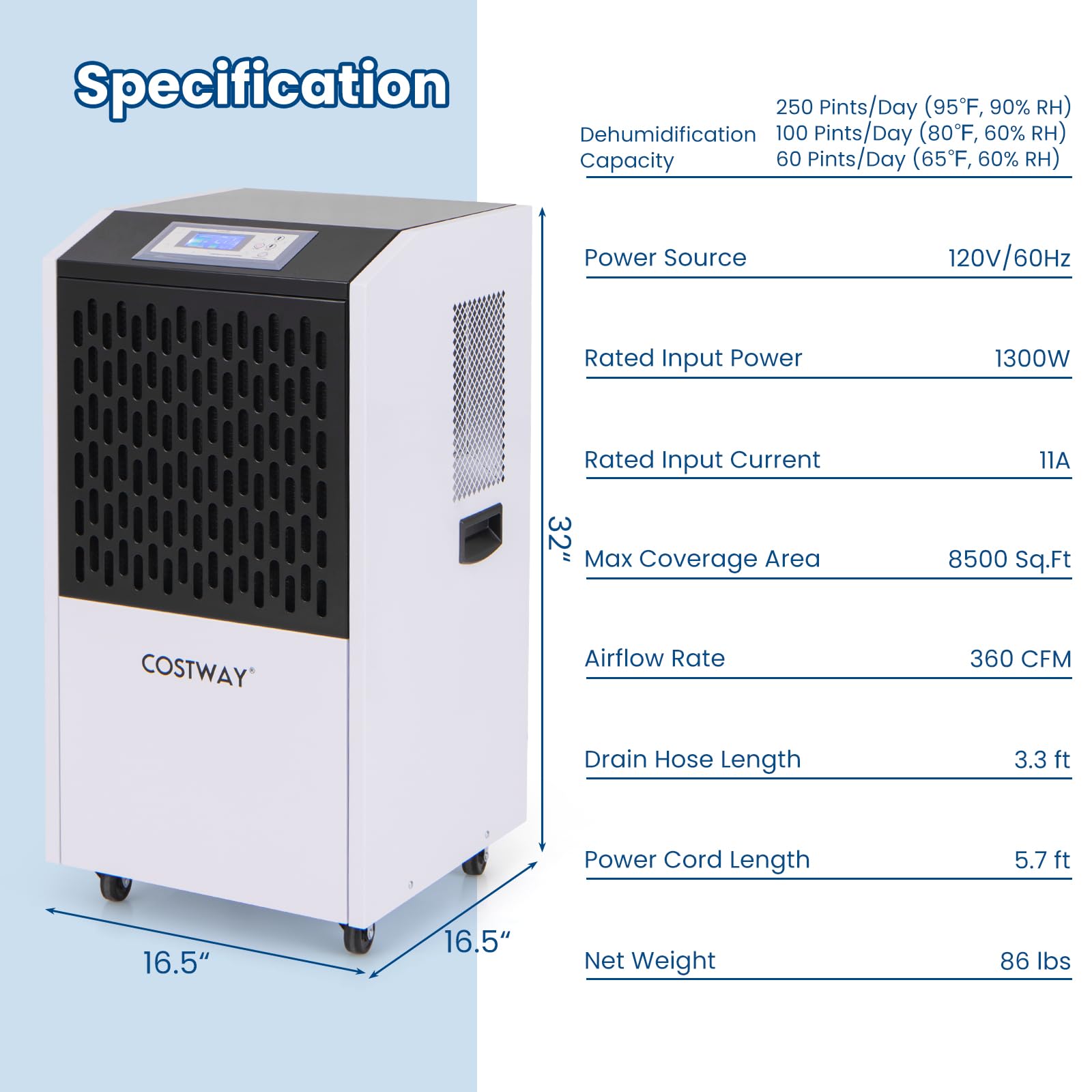 COSTWAY 250 Pints Commercial Dehumidifier with Drain Hose, Heavy Duty Industrial Dehumidifier with 24H Timer & 4 Wheels for Basement, Warehouse, Water Damage Restoration - Large Capacity up to 8500 Sq.Ft - Perfect for Home, Office, Gym and Storage Areas