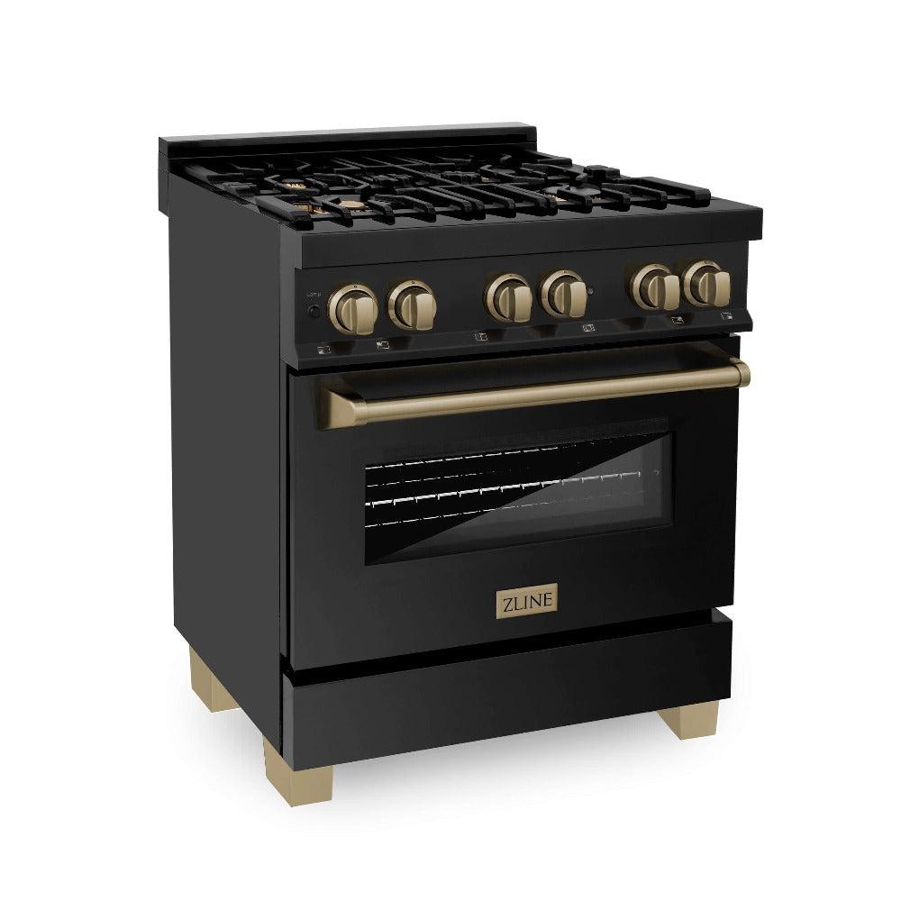 ZLINE Autograph Edition 30-inch Black Stainless Steel Kitchen Package - Dual Fuel Range, Range Hood, Dishwasher & Refrigerator with External Water Dispenser & Champagne Bronze Accents (4AKPR RABRHDWV30 CB) | Premium Kitchen Appliances for Modern Homes & Gourmet Cooking
