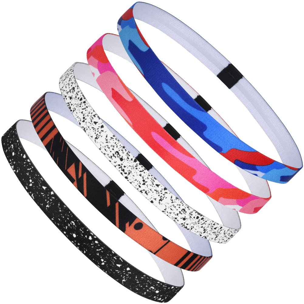 URAQT 5-Pack Non-Slip Sports Headbands for Women & Men - Thick Elastic Sweatbands for Running, Gym, Yoga & Football - Stay Dry During Workouts & Athletic Activities