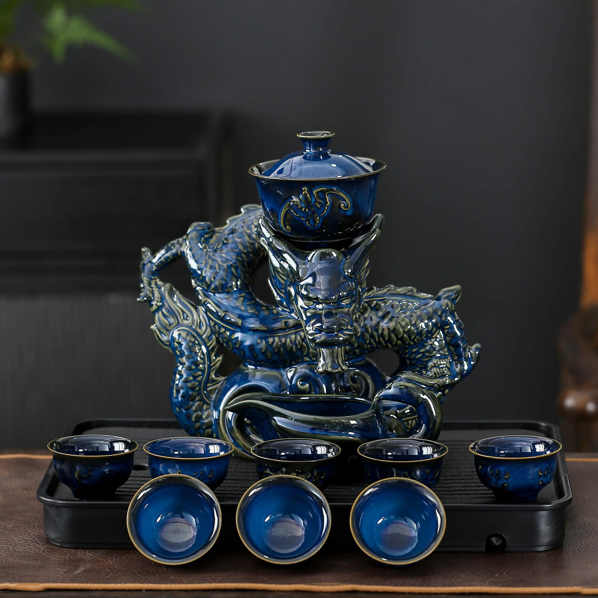 Premium Semi-Automatic Dragon Teapot Set with Infuser & 8 Small Cups - Blue Chinese Ceramic Tea Brewing Kit for Home, Office & Gifting | Traditional Gongfu Tea Ceremony Accessories