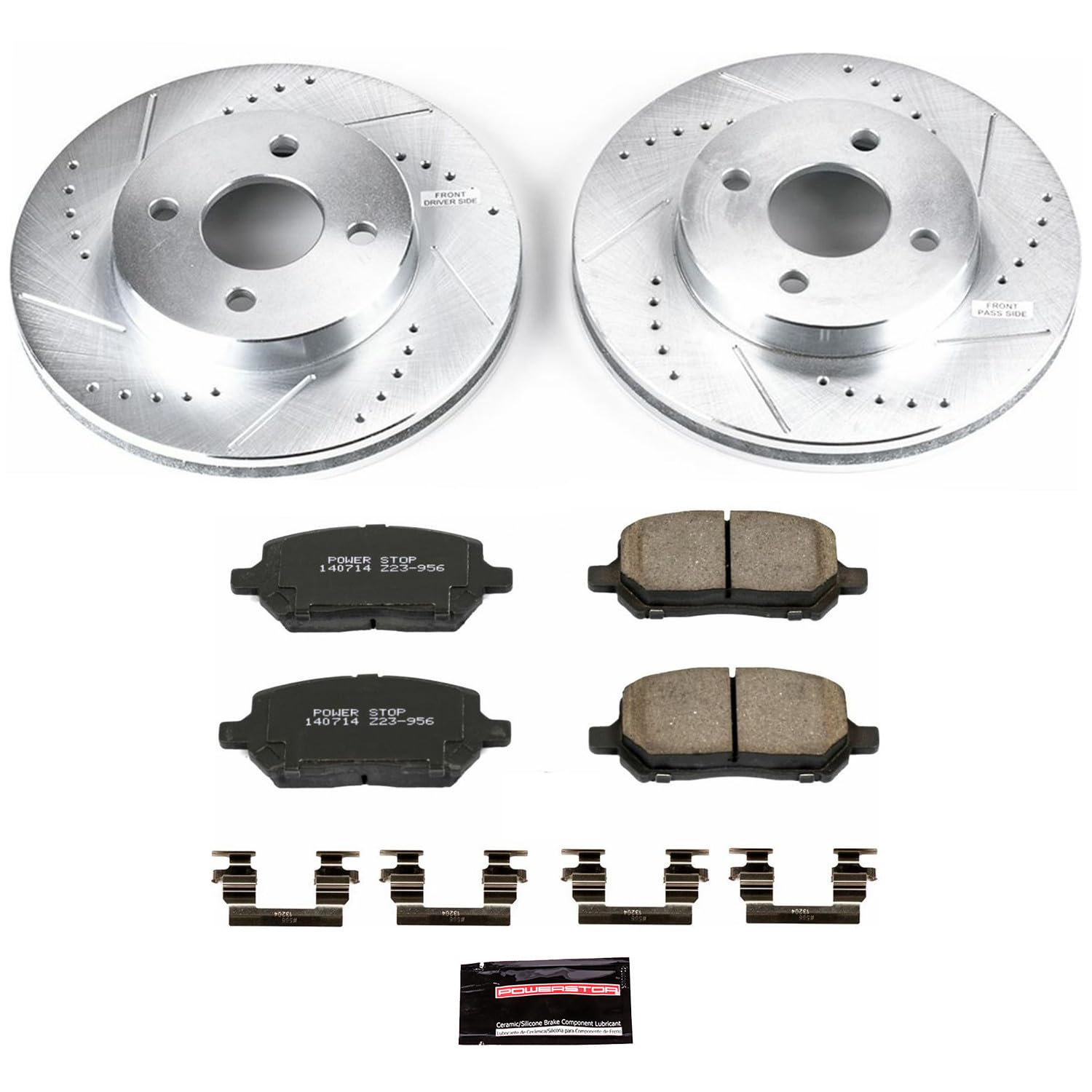 Power Stop K1604 Z23 Carbon Fiber Brake Pads & Drilled Slotted Rotors Kit - Compatible with 2005-2010 Chevy Cobalt, 2007-2010 Pontiac G5, 2003-2007 Saturn Ion | High-Performance Braking for Street & Track Use