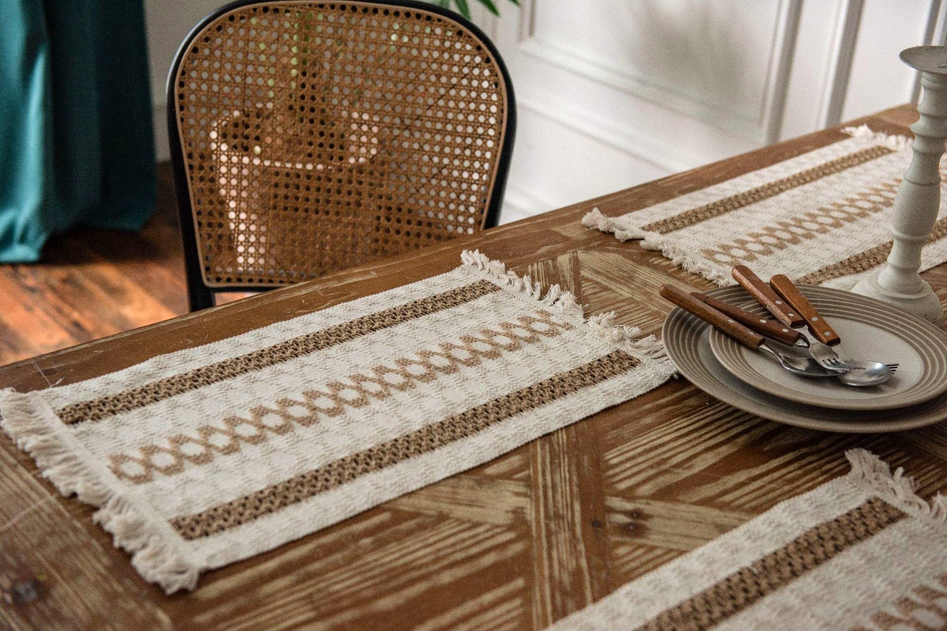 Set of 4 Bohemian Style Handmade Macrame Cotton Placemats - Rectangle Woven Jute Table Mats with Tassel Fringe for Farmhouse Dining, Coffee Table Decor & Kitchen Accessories | Perfect for Boho Home Decor, Dinner Parties & Rustic Tablescapes
