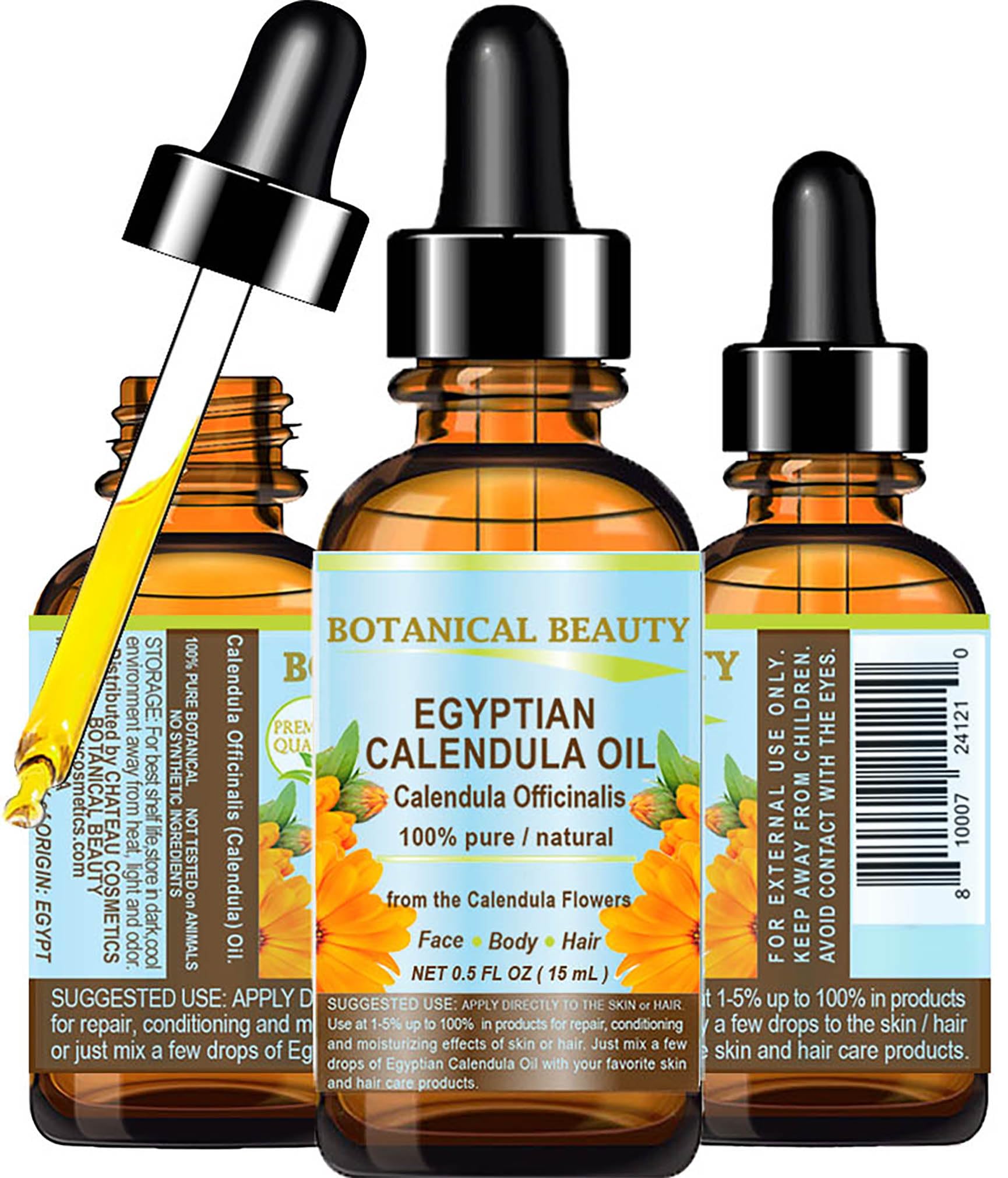 Pure Natural Egyptian Calendula Officinalis Marigold Oil - 0.5 Fl.oz (15ml) for Face, Skin, Body, Hair & Nails | Organic Moisturizing Oil for Dry Skin, Acne Treatment & Hair Growth | Perfect for Massage, Aromatherapy & DIY Beauty Recipes