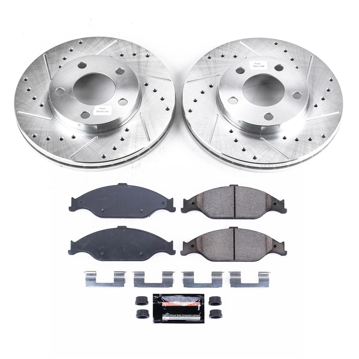 Power Stop K1301 Z23 Carbon Fiber Brake Pads & Drilled/Slotted Rotors Kit - Compatible with 1999-2004 Ford Mustang | High-Performance Braking for Street & Track Use
