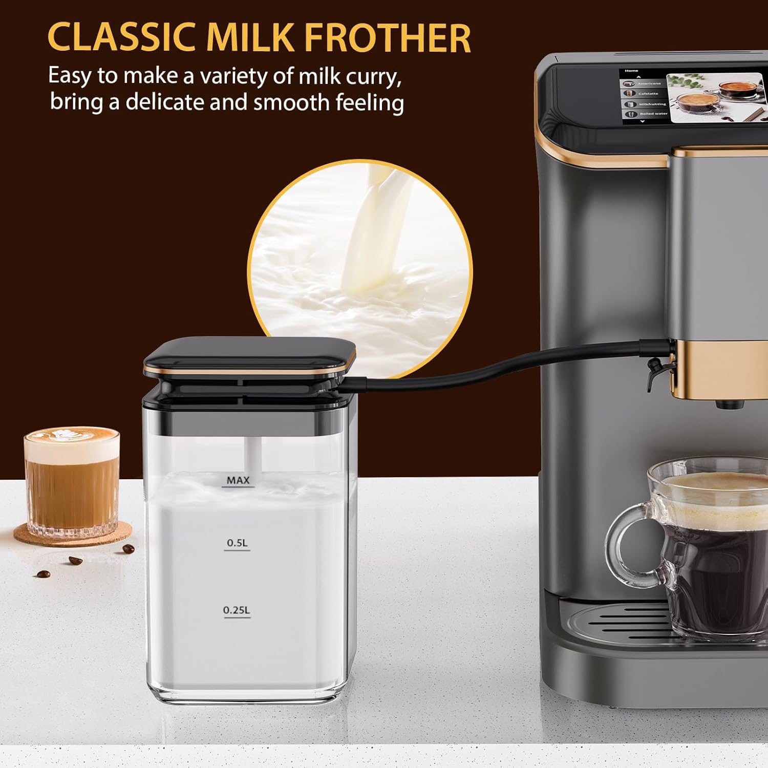 20 Bar Semi-Automatic Espresso Machine with Built-in Grinder & Milk Frother - 95oz Removable Water Tank (Grey/Gold) - Professional Coffee Maker for Home Baristas & Coffee Lovers - Perfect for Espresso, Cappuccino & Latte Making at Home