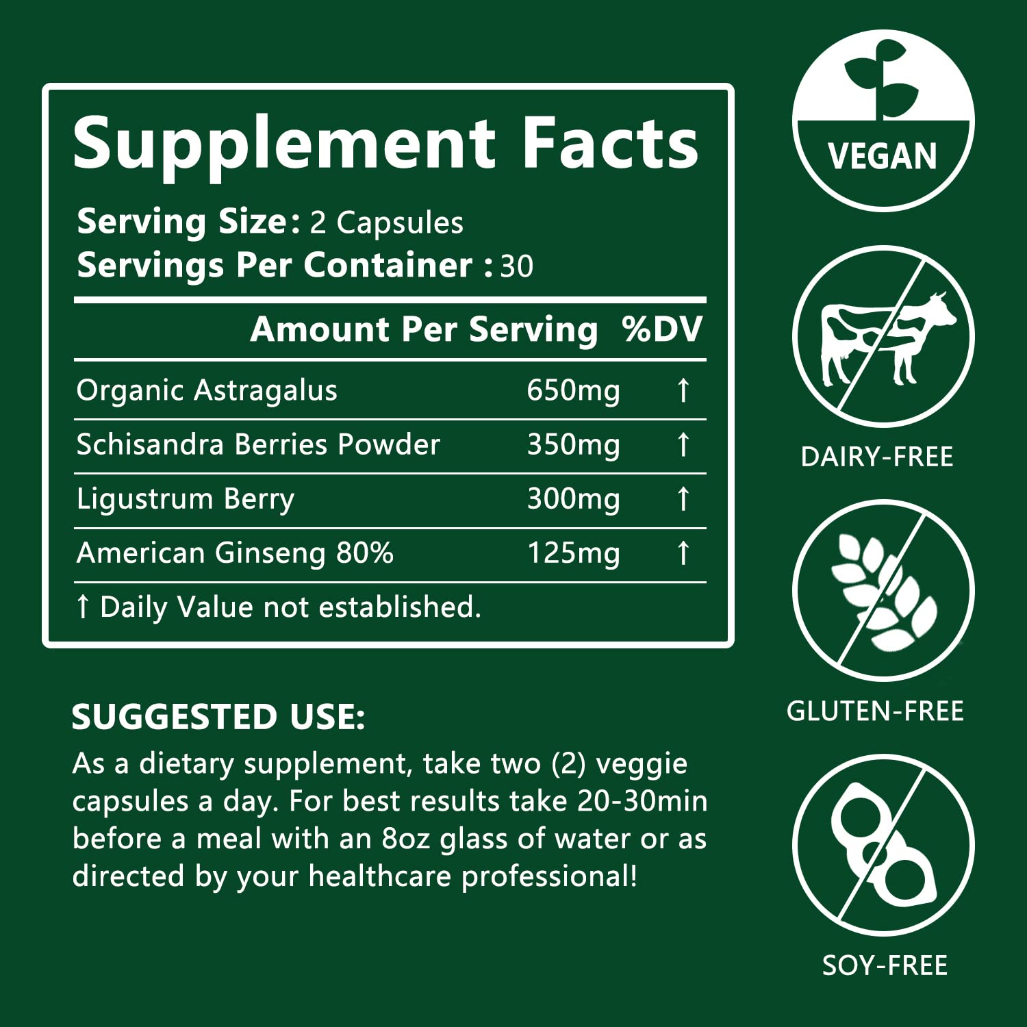 Organic Astragalus Root Extract 650mg with Schisandra & Ligustrum Berries - 80% American Ginseng for Immune Support & Antioxidant Benefits - Promotes Healthy Aging - Made in USA - Perfect for Daily Wellness & Natural Immune Boosting