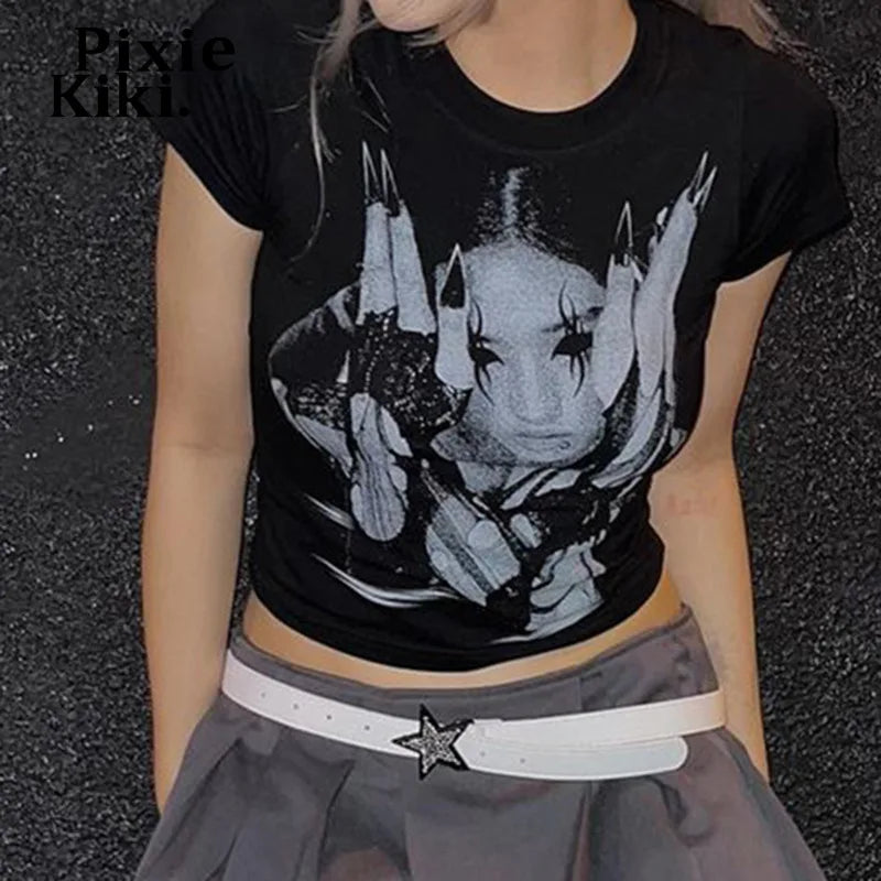 Y2K Black Graphic Tees for Women - 2000s Streetwear Emo Style Cropped Short Sleeve Tops | Summer 2024 Fashion | Perfect for Concerts, Street Style & Casual Outfits