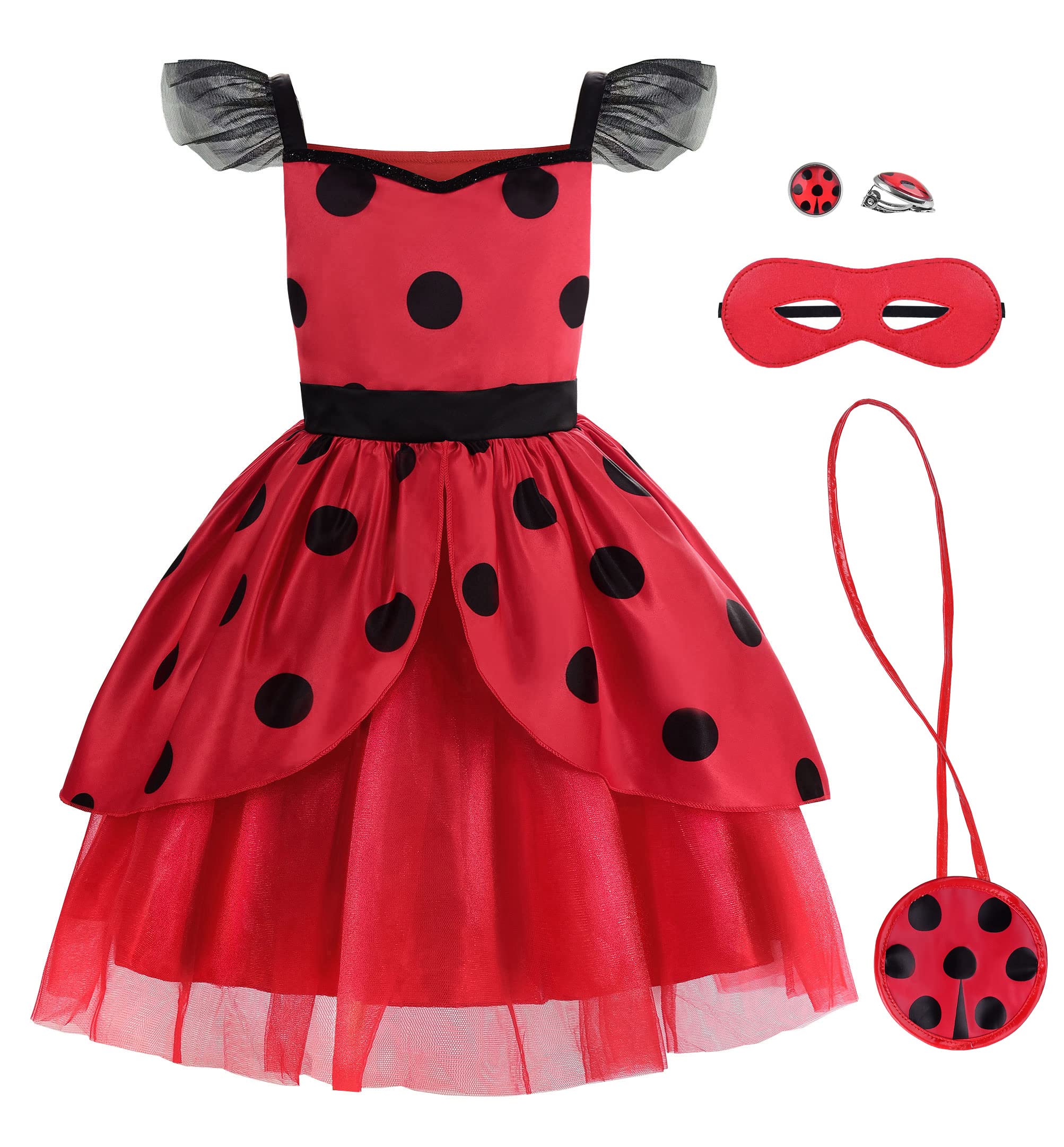 Ladybug Costume for Girls - Cute Halloween Dress with Matching Mask & Bag - Kids Birthday Party, Christmas Dress Up, Pretend Play & Photo Shoot Outfit