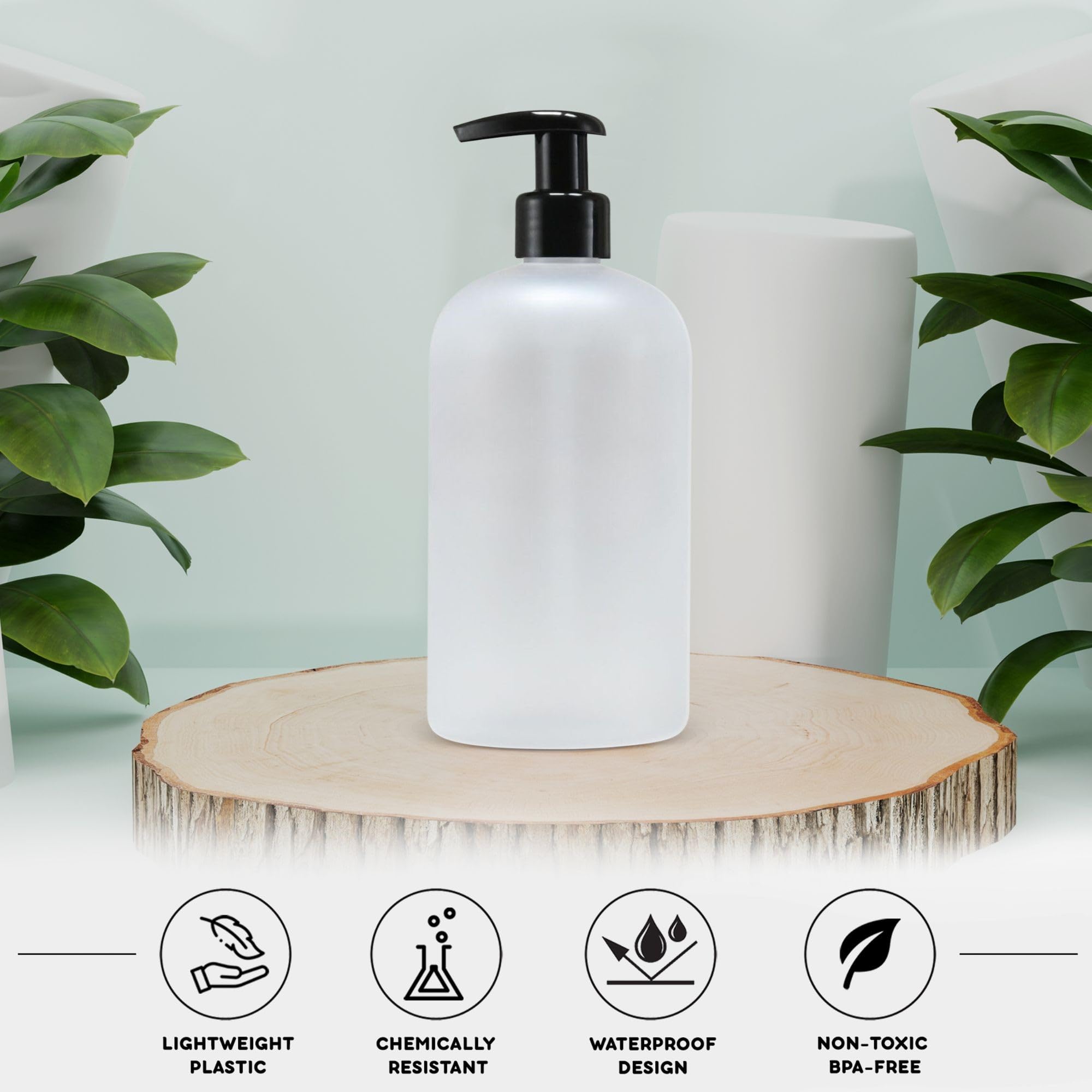 16 oz Empty PET Plastic Refillable Bottles with Lotion Pumps - Set of 4 (Frosted Clear) - Drip Free & Rust-Free for Shampoo, Conditioner, Body Wash, Hand Soap, Dish Soap, Lotion & Cleanser - Perfect for Bathroom, Kitchen & Travel Organization