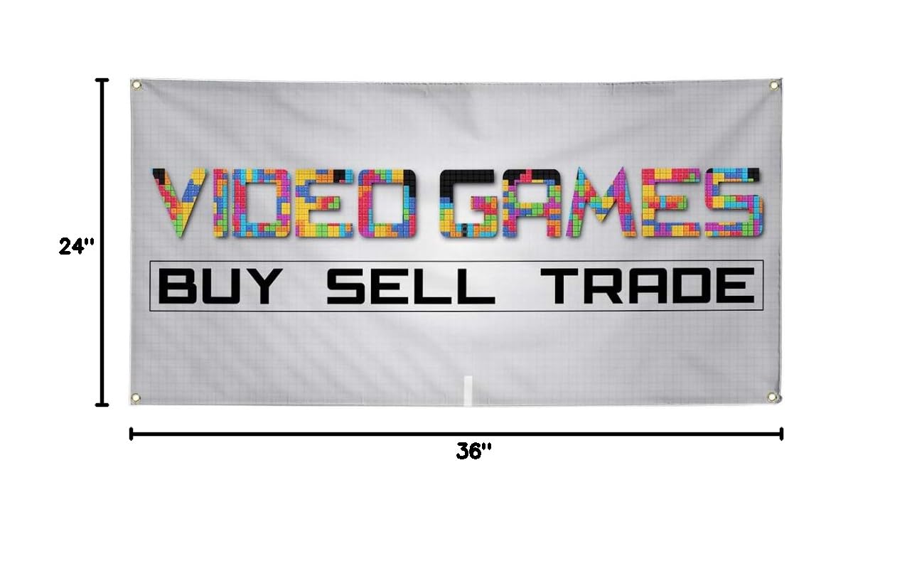 Durable 24x36 Inches Vinyl Banner with 4 Grommets - Weatherproof Outdoor Business Sign for Video Game Trade, Buy & Sell - Perfect for Yard Sales, Retail Stores & Industrial Use