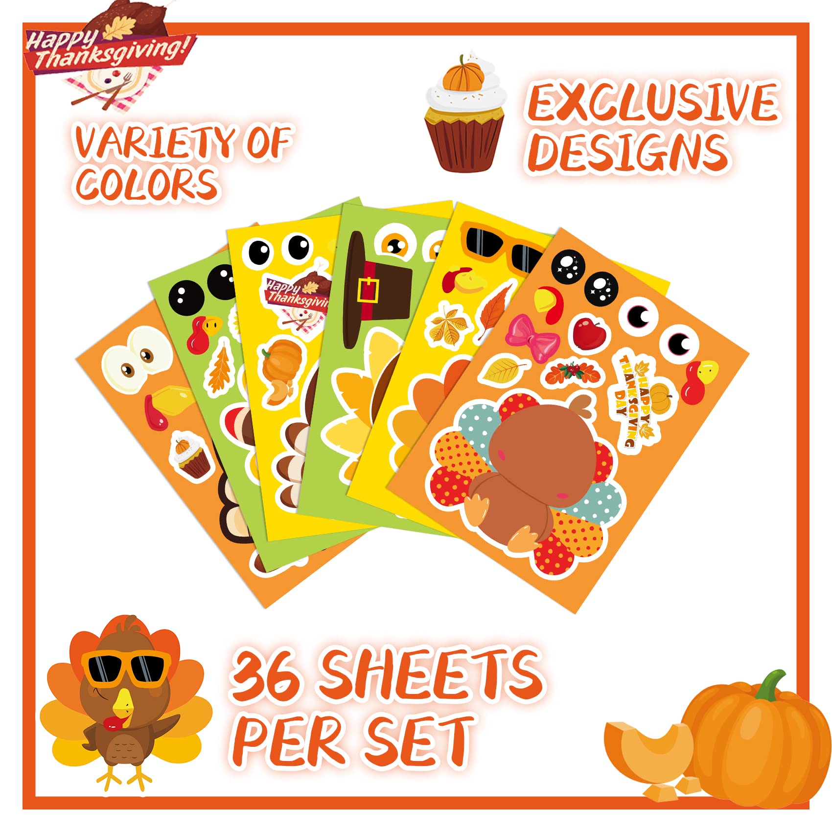 Funnlot Thanksgiving Stickers for Kids - 36 Sheets Turkey Stickers, Thanksgiving Party Games & Arts and Crafts Supplies | Perfect for Classroom Activities, Holiday Decorations & Family Fun