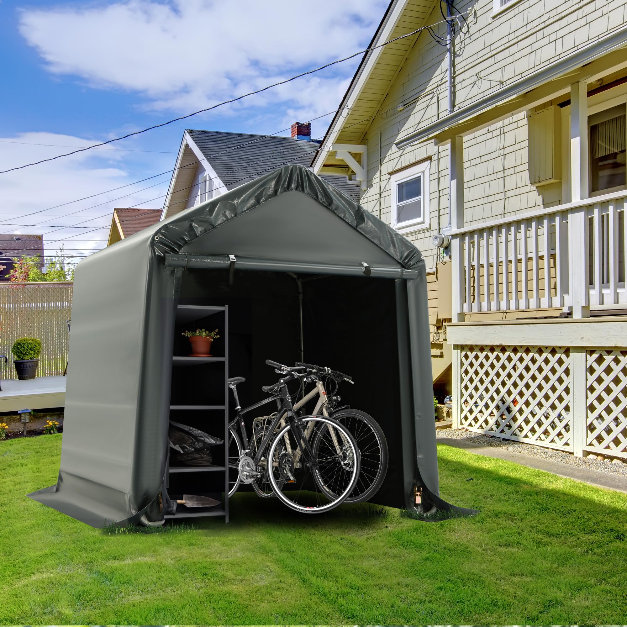 MELLCOM 6x6ft Heavy Duty Portable Storage Shed - Waterproof Outdoor Canopy with Roll-Up Zipper Door for Bikes, Motorcycles, Garden Tools & Equipment - Perfect for Backyard, Garage & Patio Storage Solutions