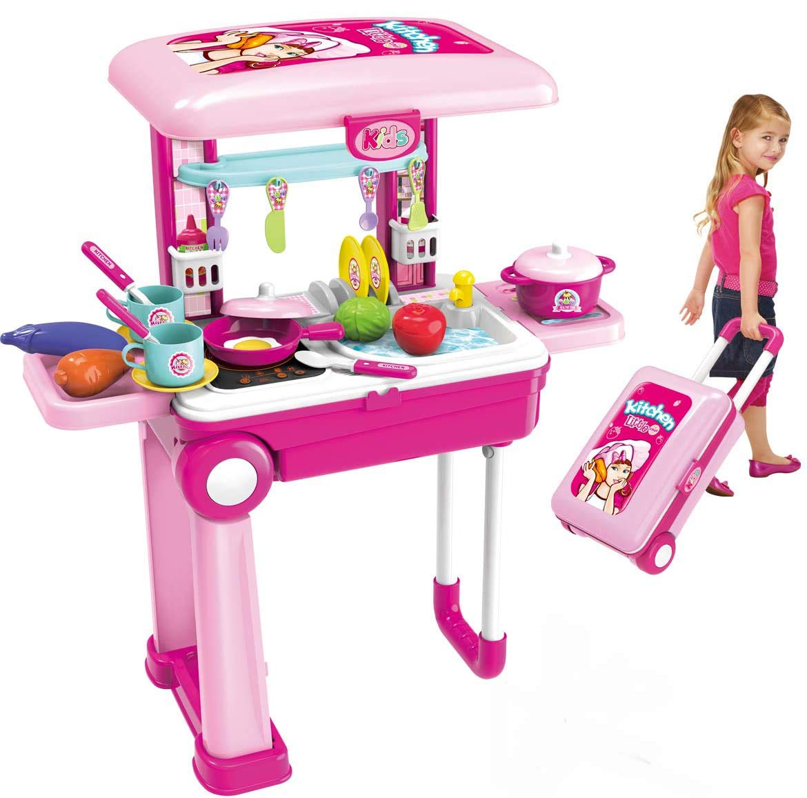 Roxie 2-in-1 Pretend Play Kitchen Toy Set with Lights & Sounds - Deluxe Portable Kitchen Playset for Kids, Girls & Boys - Perfect for Indoor & Outdoor Pretend Cooking Fun