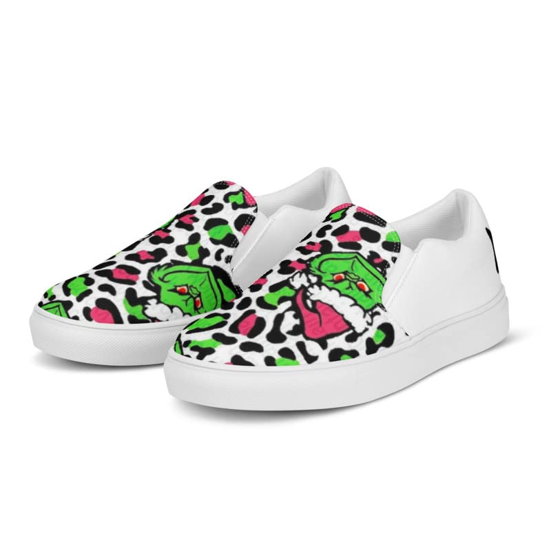 Women's Christmas Slip-On Canvas Shoes - Leopard Print & Pink Grinchy Holiday Footwear for Parties, Gifts & Festive Outfits