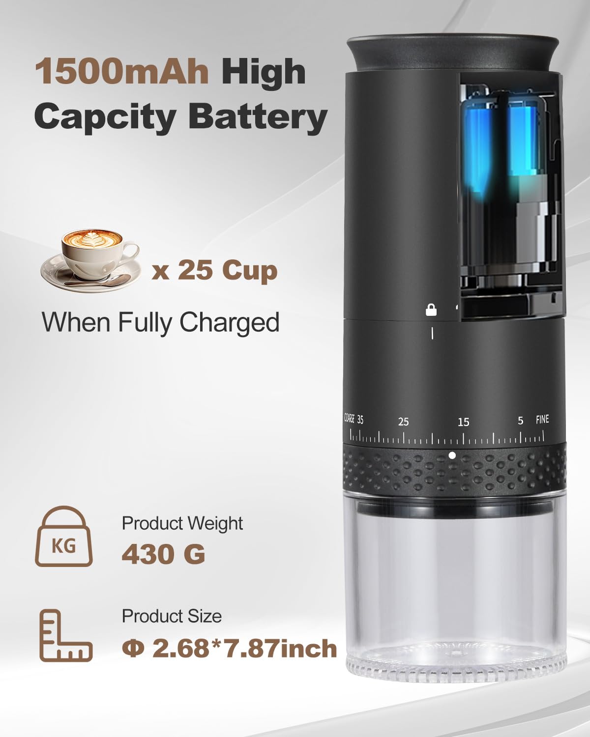 Portable Electric Coffee Grinder with 38 Adjustable Settings - Rechargeable Battery & LCD Display - Conical Burr Mill for Espresso, French Press & Drip Coffee - Perfect for Travel, Camping & Home Use