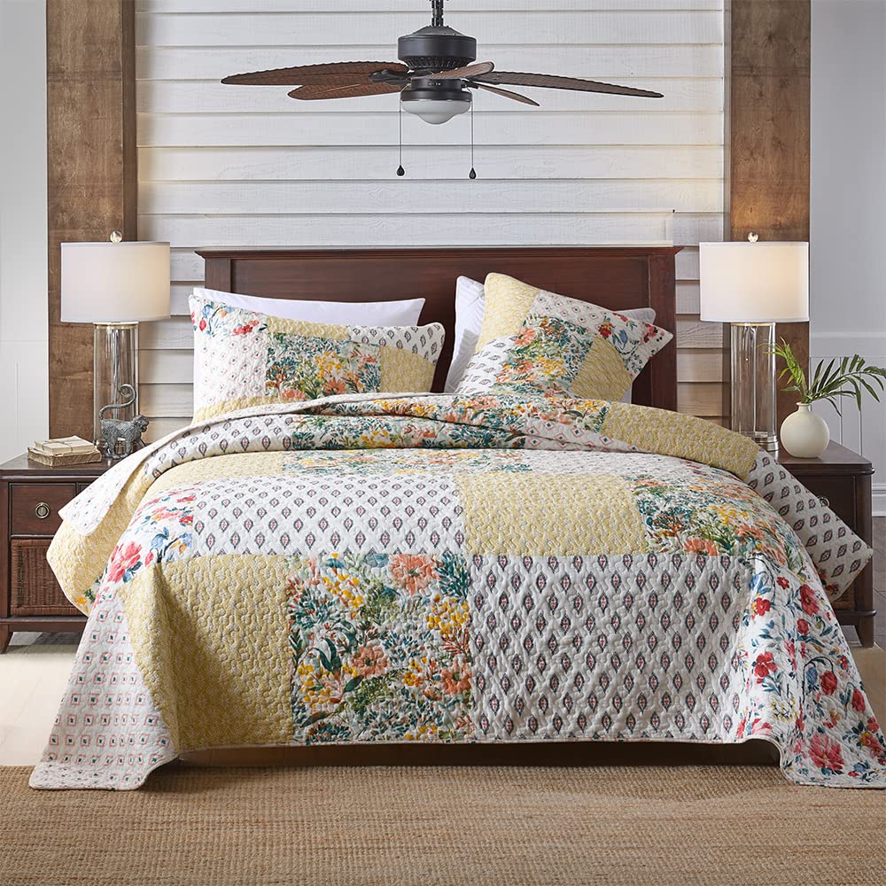 Autumn Dream Cotton Patchwork Quilt Set - Reversible Yellow Grey Floral Bedspread Coverlet - Queen Size Bedding for Cozy Fall & Winter Nights