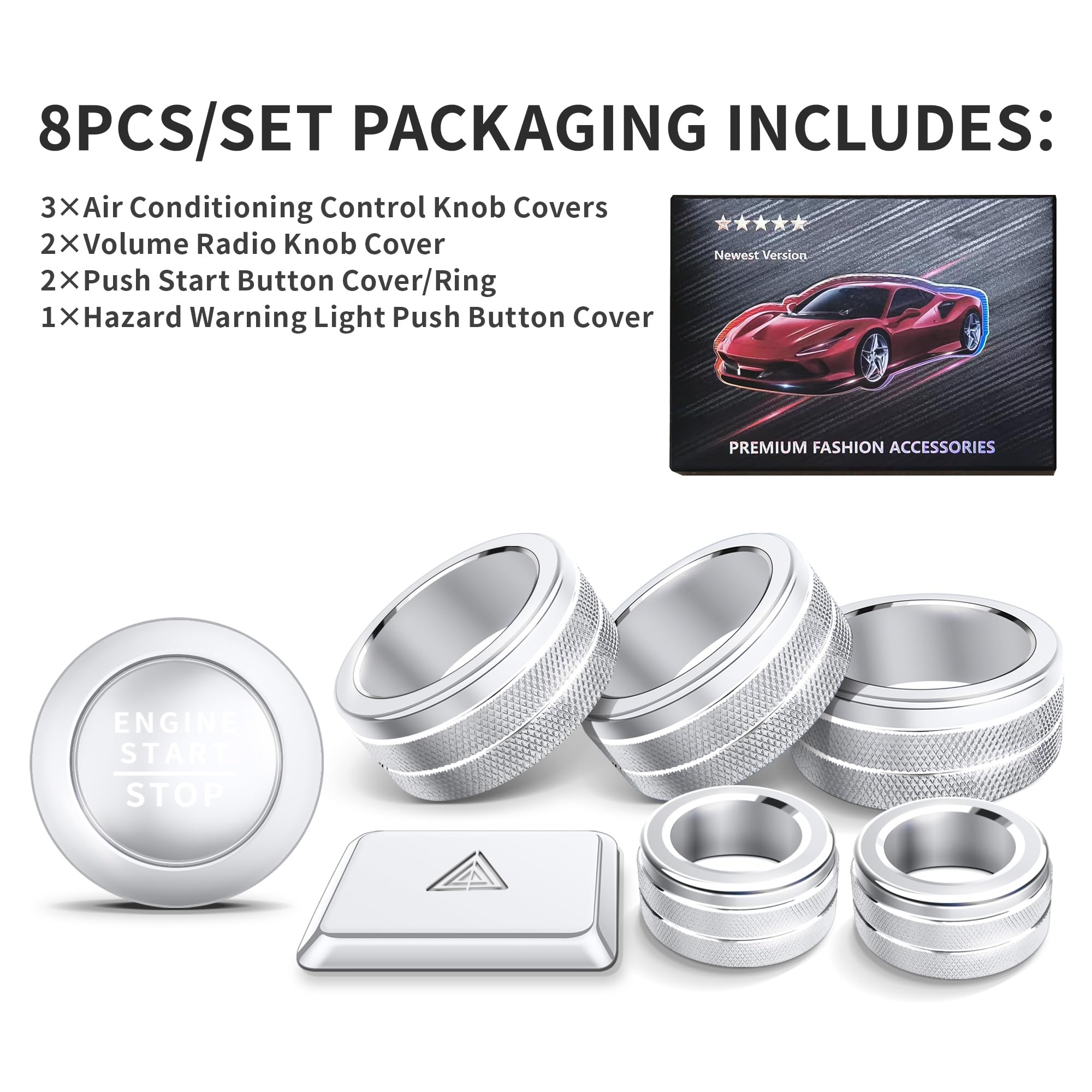 2022-2025 Honda Accord/HRV/CRV/Civic Interior Accessories Kit - 8pcs Silver AC Knob Cover, Volume Control, Warning Lights & Push Start Button Trim Ring | Premium Car Dashboard Decor & Protection
