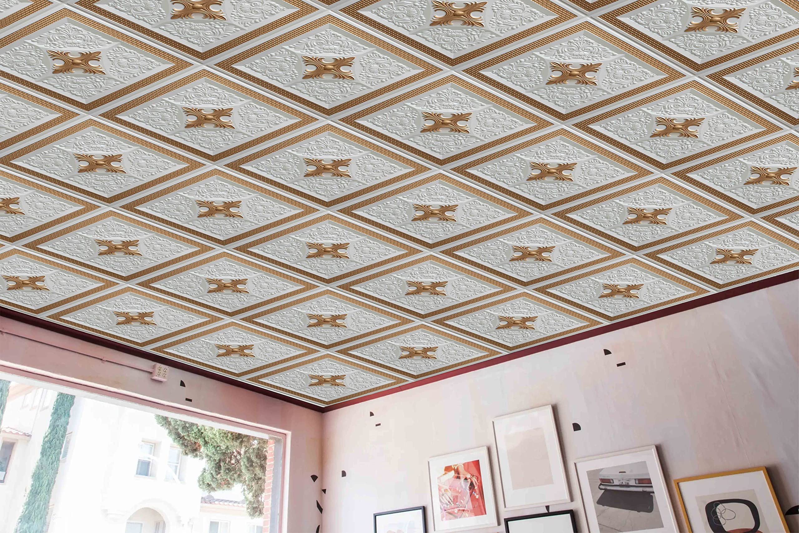 Dundee Deco Modern Floral Pearl White Gold PVC 3D Ceiling Tiles - 2ft x 2ft (60cm x 60cm) Glue Up or Lay in Panels - Pack of 10 for Home & Office Decoration - Perfect for Bedroom, Living Room, and Commercial Spaces