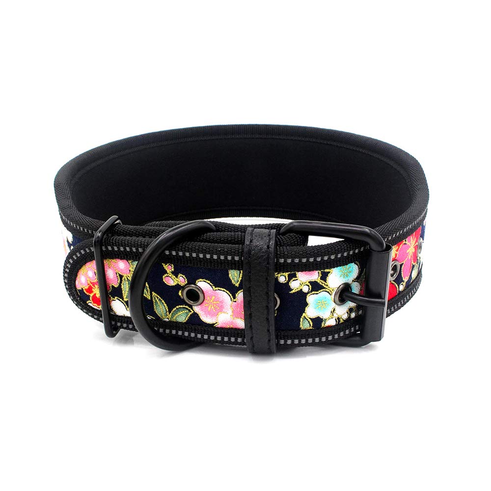 Reflective Nylon Wide Adjustable Dog Collar - Fashion Printed Pet Collar for Medium & Large Dogs (Pitbull, French Bulldog) - Sizes S/M/L - Perfect for Night Walks & Outdoor Adventures