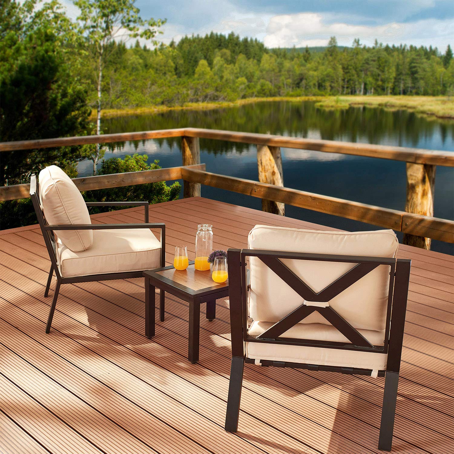 3-Piece Outdoor Bistro Set with Armrest Sofa Chairs & Metal Coffee Table - Patio Garden Furniture with Beige Cushions for Backyard, Poolside & Terrace Relaxation
