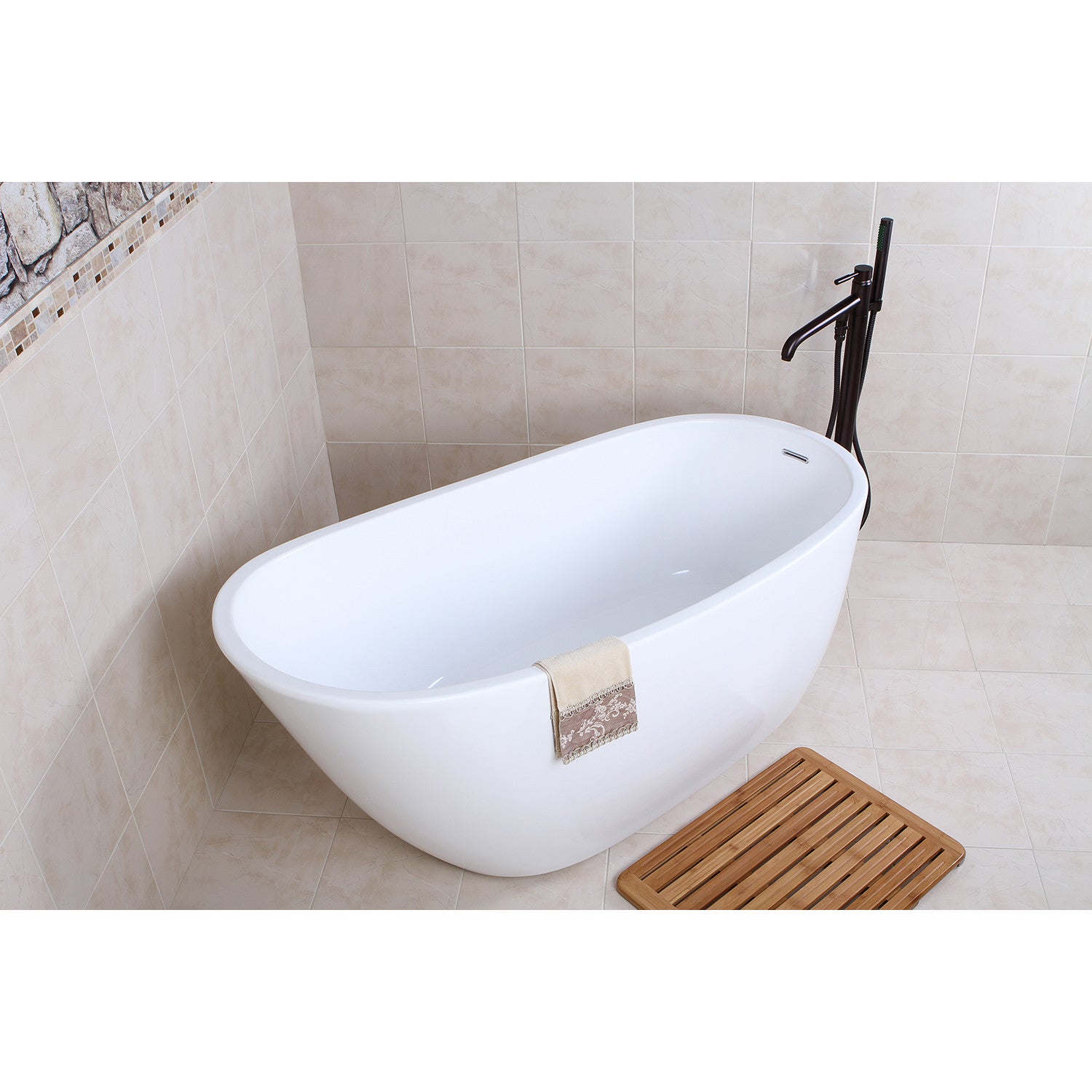 Aqua Eden VTRS592928 59-Inch Glossy White Acrylic Oval Freestanding Bathtub with Drain - Perfect for Luxury Bathrooms & Spa-Like Relaxation