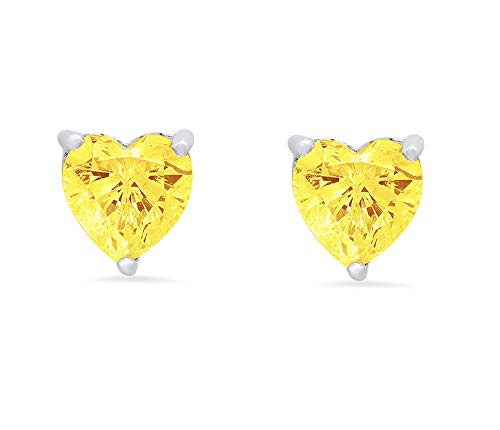 1.0 Carat Heart Cut Canary Yellow Simulated Diamond Stud Earrings in 14k White Gold - Anniversary Gift for Her, Push Back Design, Elegant & Romantic Jewelry for Weddings, Date Nights & Special Occasions
