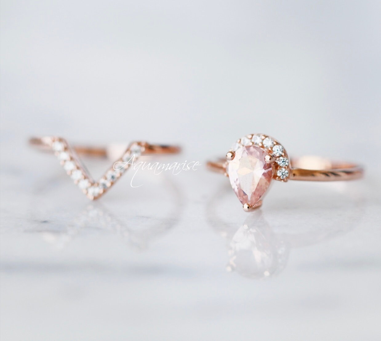 Aria Morganite Ring Set 14K Rose Gold Vermeil - Elegant Stackable Rings for Women, Perfect for Engagement, Wedding, Anniversary & Everyday Wear