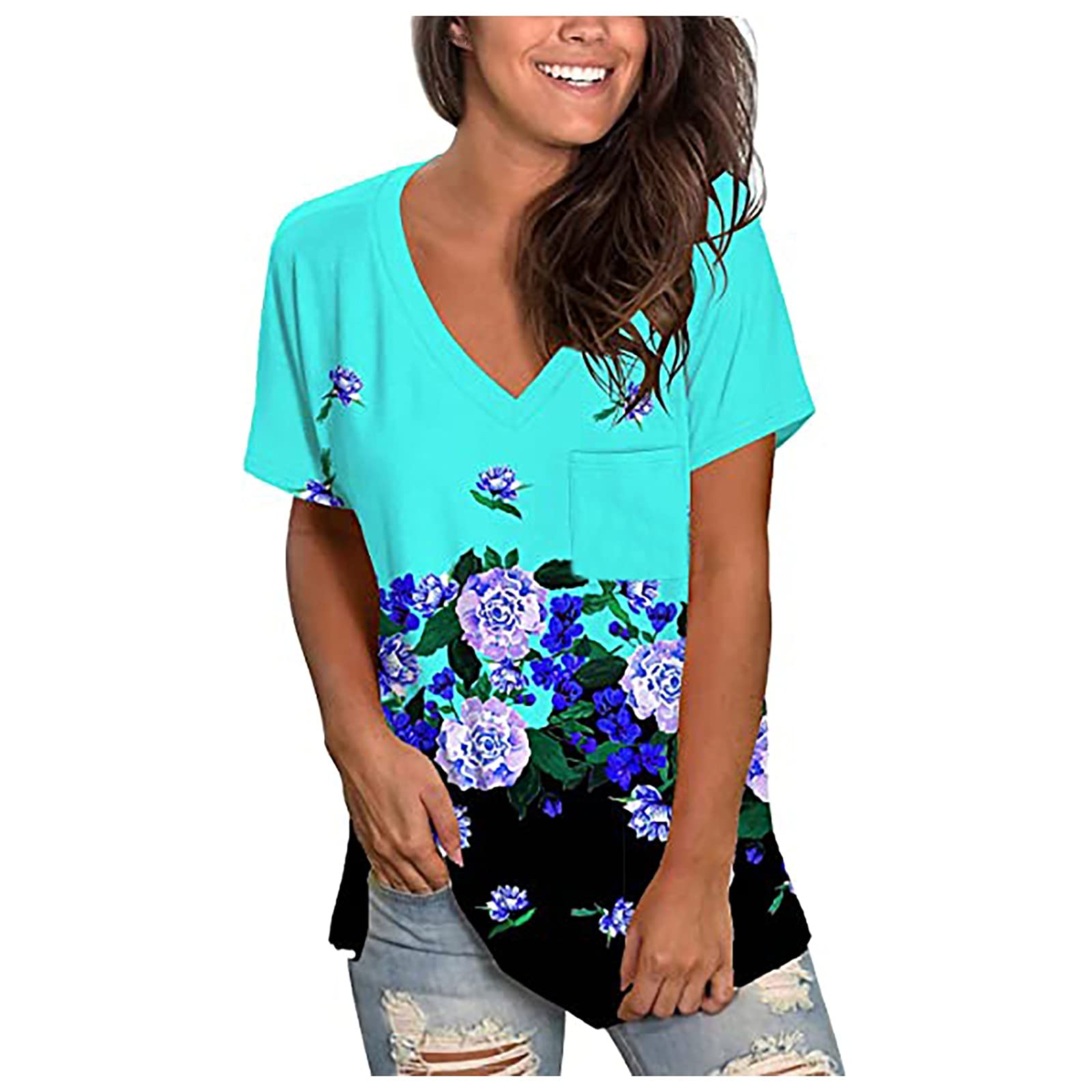 Plus Size Women's V-Neck Short Sleeve T-Shirts with Pocket - Summer Maternity Tops for Casual Wear & Pregnancy Comfort
