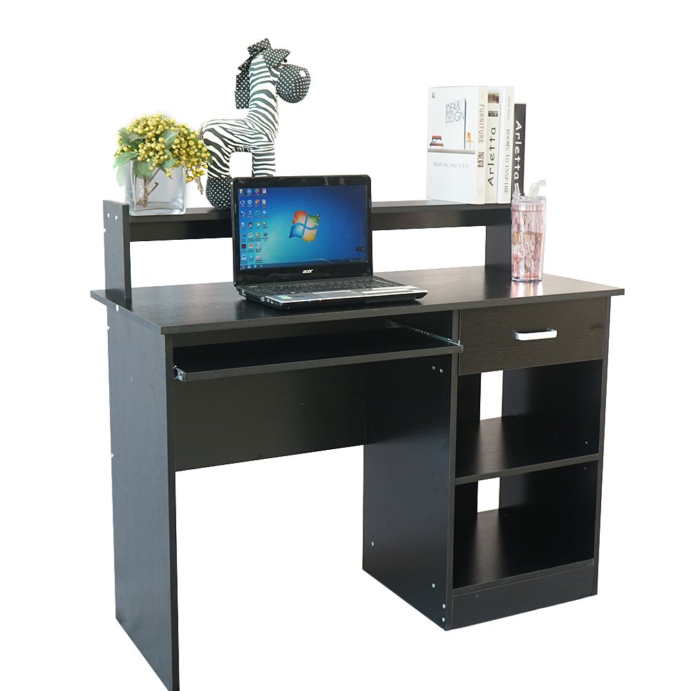 Modern Black Home Office Desk with Storage Drawers & Shelves - Large Computer Workstation for Study, Writing & Work - Perfect for Small Spaces, Remote Work & Gaming Setup