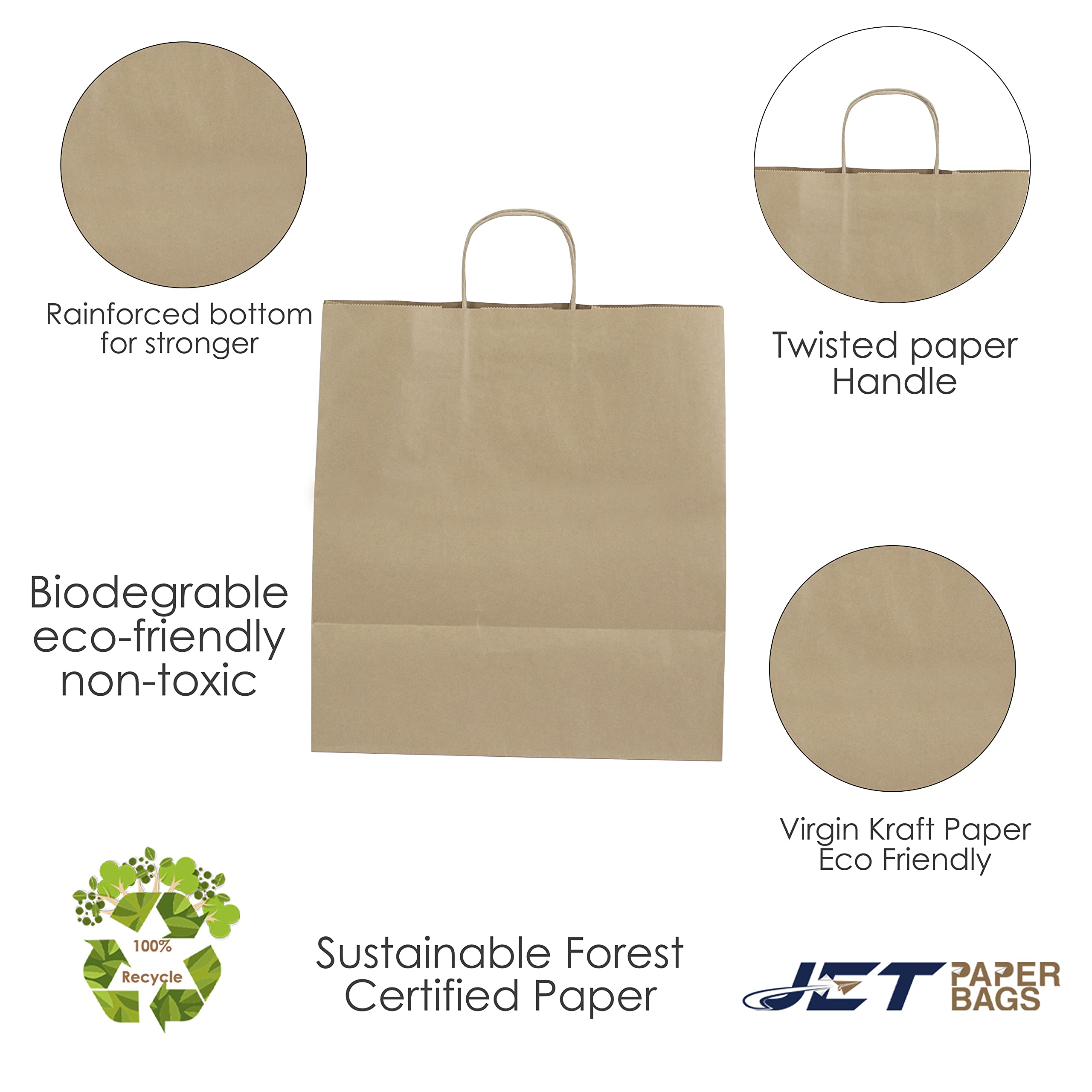 JET PAPER BAGS - 14”x9.5”x15.5” Large Brown Kraft Paper Bags with Handles [100 Pack] - Eco-Friendly Recyclable Takeout Bags for Grocery, Retail, Party Favors, Wedding Gifts & Goodie Bags - Perfect for Restaurants, Stores & Special Events