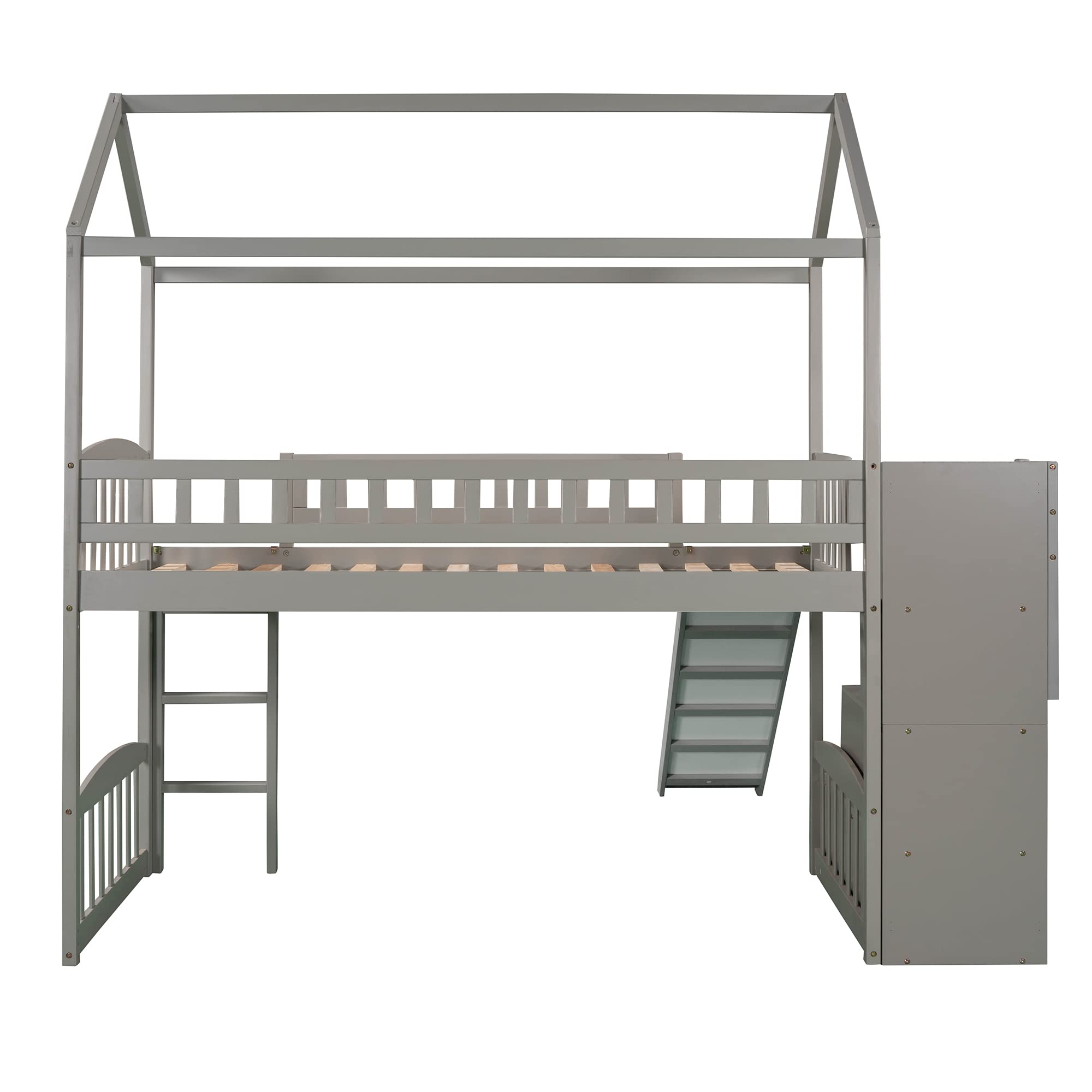 Harper & Bright Designs Twin Loft Bed with Slide, Stairs and Storage - Wooden Kids House Bed Frame for Boys & Girls (Gray) - Perfect for Small Bedrooms, Playrooms & Kids' Sleepovers