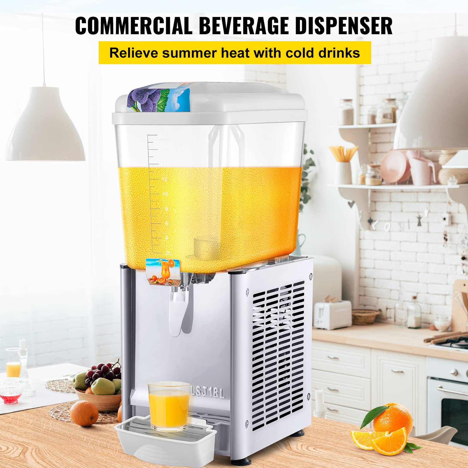 VEVOR 110V Commercial Beverage Dispenser, 4.8 Gallon (18L) Stainless Steel Juice & Iced Tea Dispenser with Thermostat Control - 200W Food-Grade Drink Dispenser for Restaurants, Cafes, and Catering Events