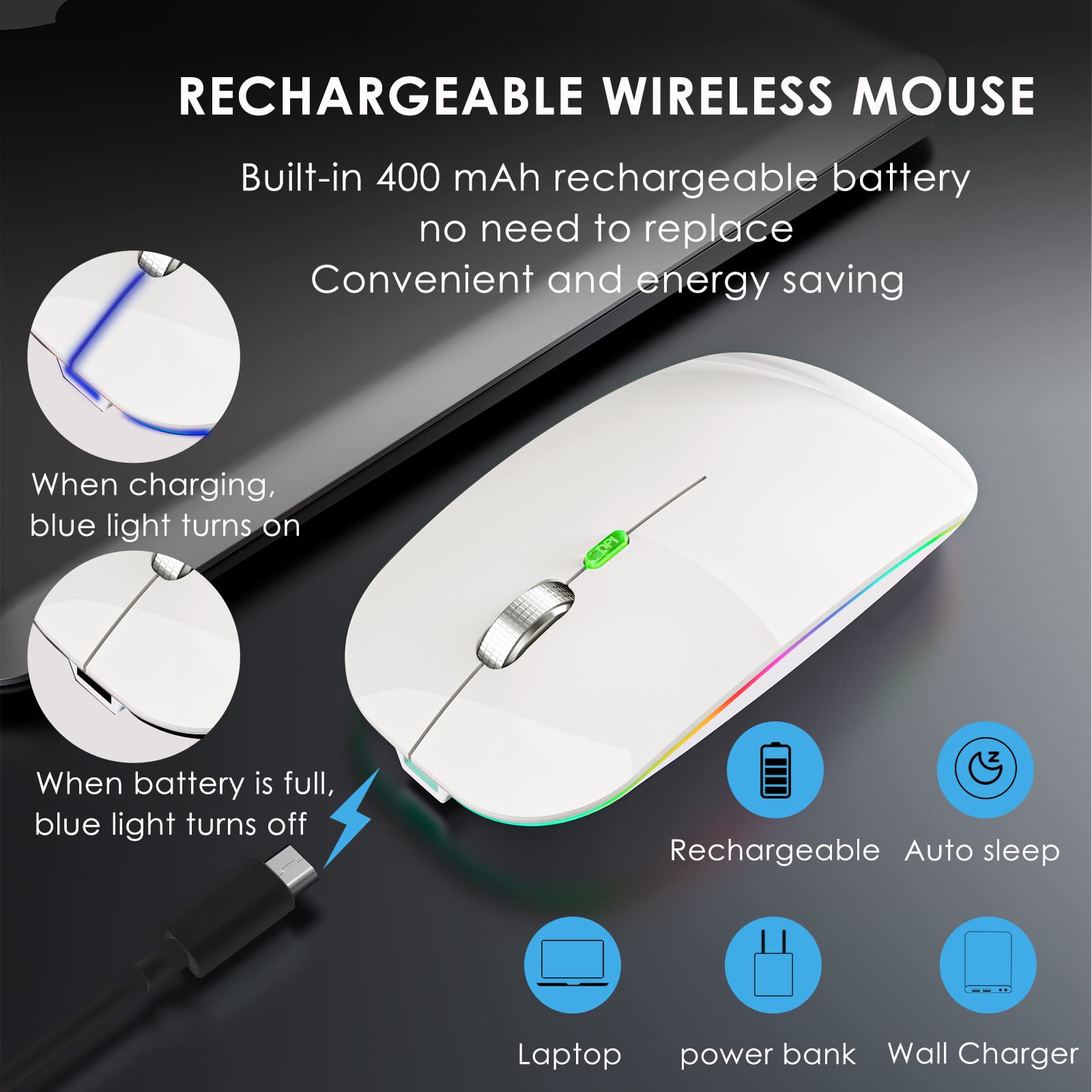 Wireless Rechargeable Gaming Mouse - Lightweight Honeycomb Design with RGB Backlit, Ergonomic Grip & USB Receiver for PC, Mac, Laptop - Perfect for Esports, FPS Games & Office Work (White)