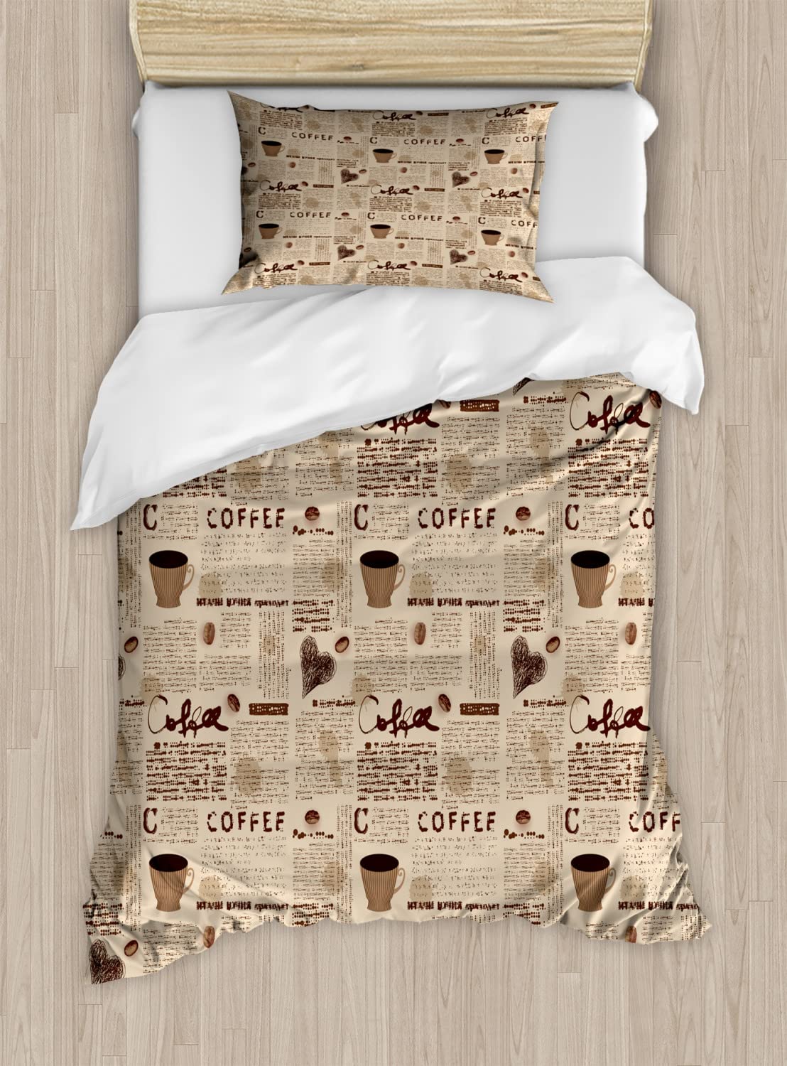 Ambesonne Modern Duvet Cover Set - Vintage Newspaper Print with Coffee Cups & Writing Art, Twin Size 2-Piece Bedding Set (2 Duvet Covers + 2 Pillowcases) in Sand Brown & Umber - Perfect for Cozy Bedrooms, Guest Rooms & Dorm Decor