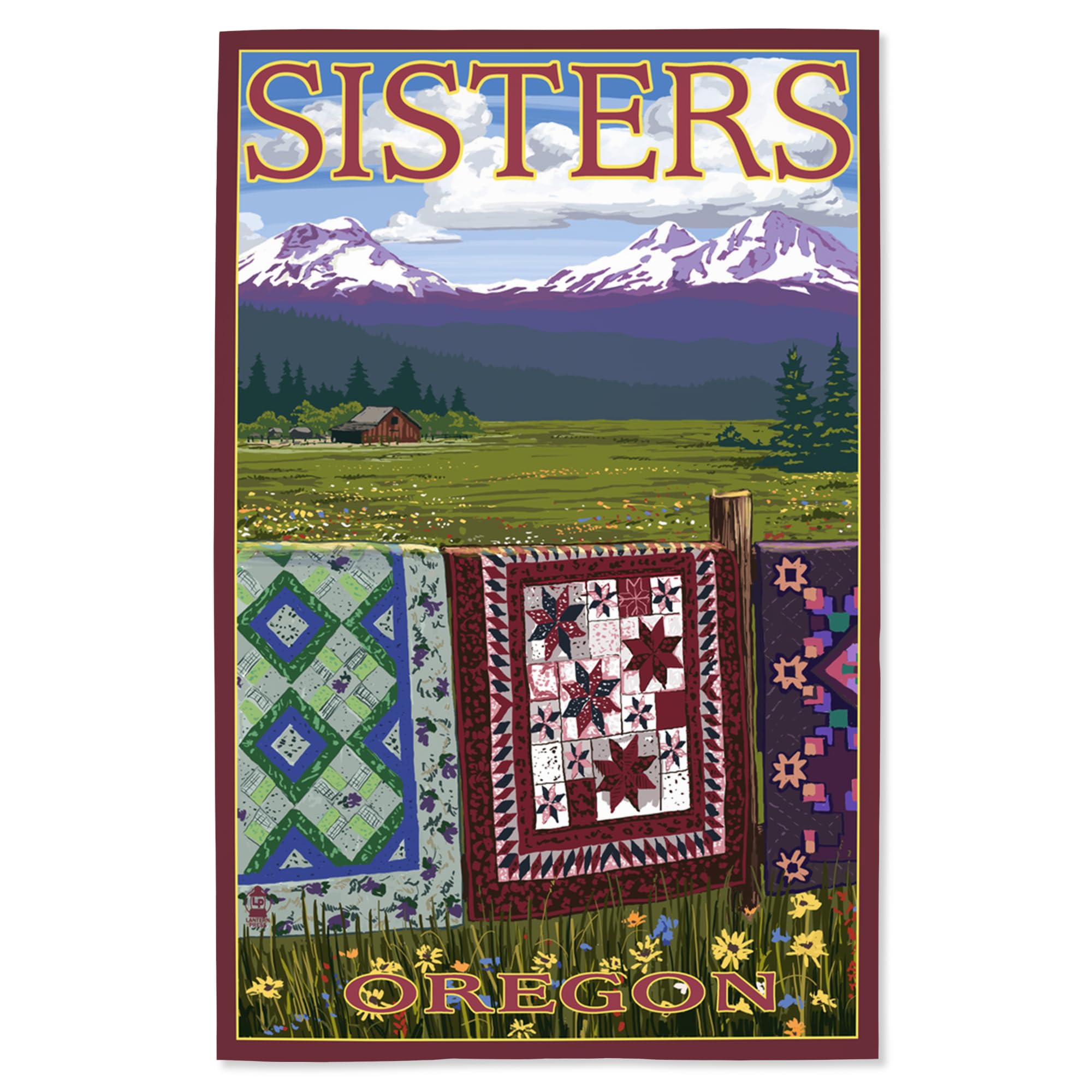 Lantern Press 16x24 Inch Giclee Art Print - Sisters Oregon Landscape with Quilts on Fence - Wall Decor for Living Room, Bedroom & Office