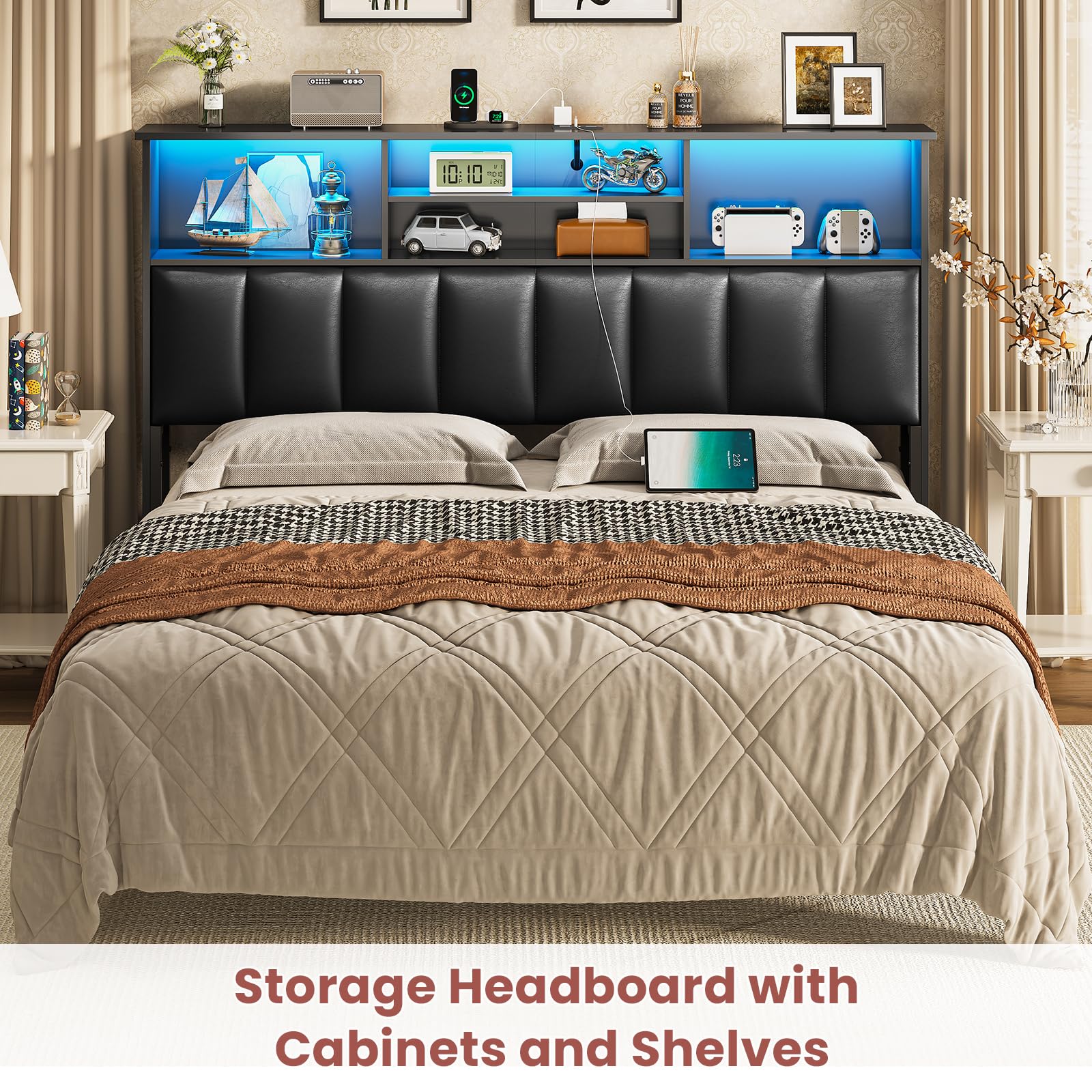MSmask Upholstered Queen Size Bookcase Headboard with Charging Station & LED Lights - Modern Storage Headboard with Bed Frame Adapter, Black - Perfect for Bedroom Upgrade & Nighttime Reading