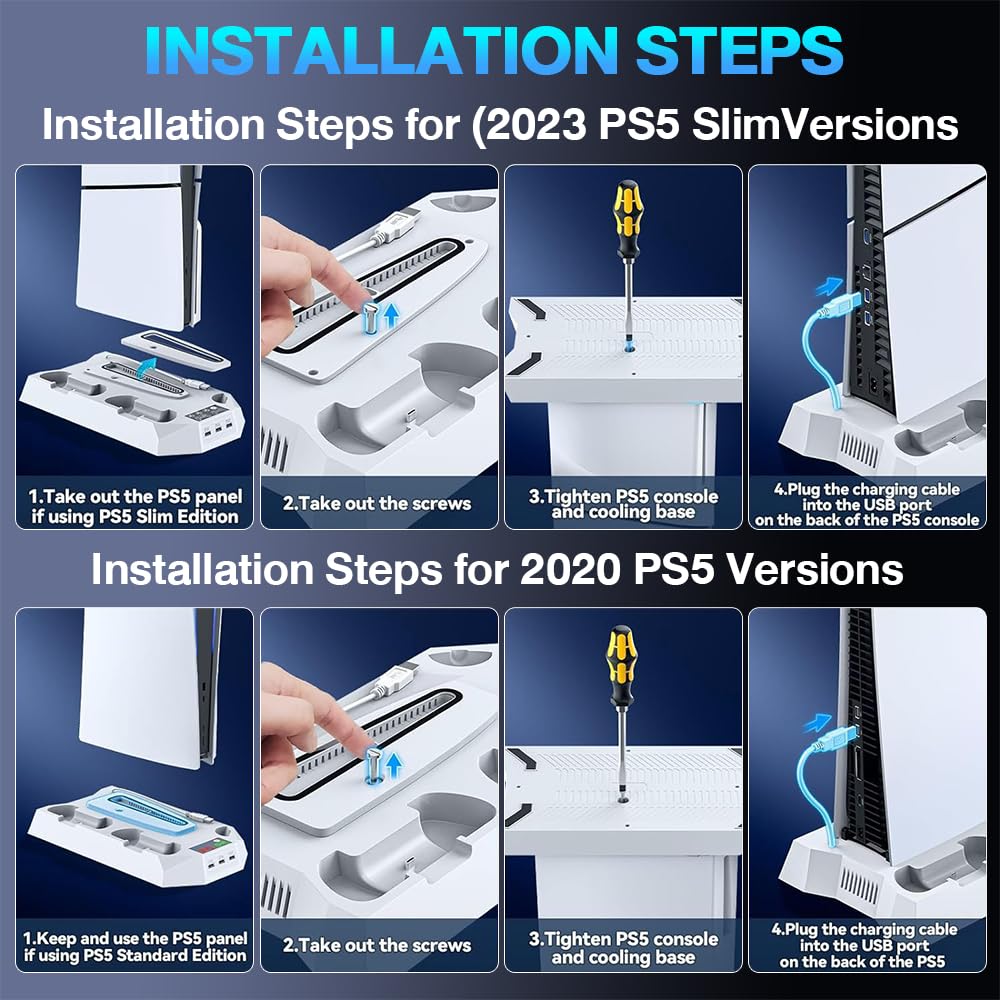 PS5 Stand with Cooling Fan, RGB Lights, Dual Controller Charger, Headset Holder & 15 Game Slots – Vertical Stand for PS5 Disc, PS5 Slim & Digital Edition – Perfect for Gaming Setup & Entertainment Center
