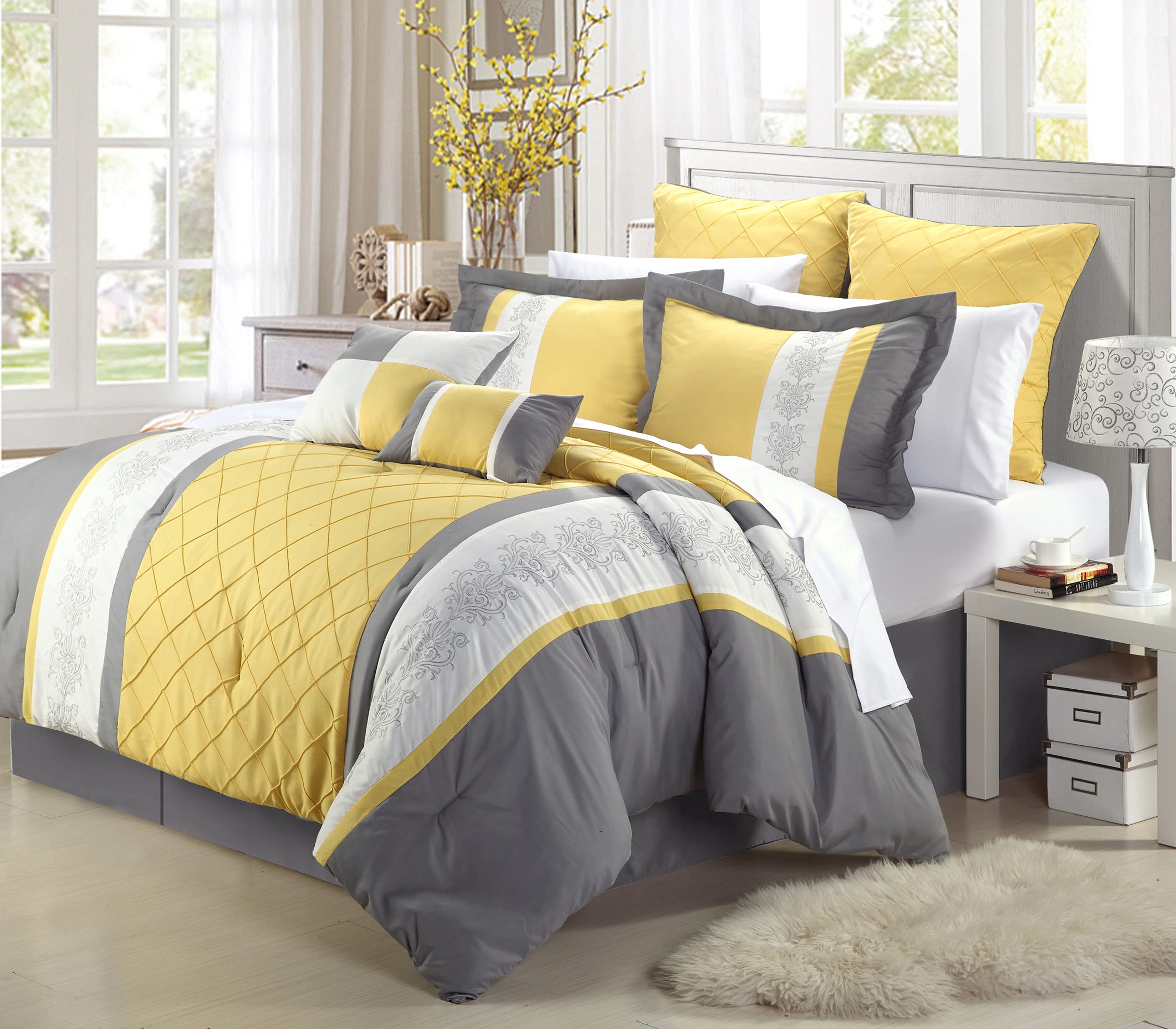 Chic Home 8-Piece Embroidery Comforter Set King Size - Livingston Yellow Luxury Bedding Collection | Perfect for Master Bedroom, Guest Room & Hotel Decor