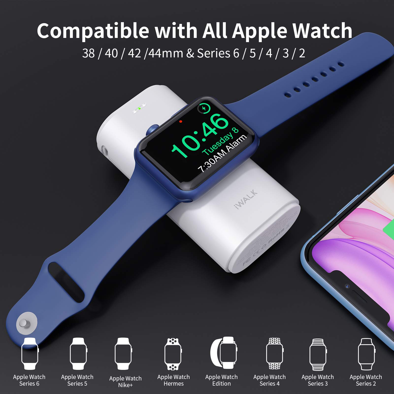 iWALK 9000mAh Portable Charger for Apple Watch & iPhone - Built-in Cable Power Bank Compatible with Apple Watch Series 8/7/6/SE/5/4/3/2 & iPhone 14/13/12/11/6s (White) | Perfect for Travel, Gym & Outdoor Activities