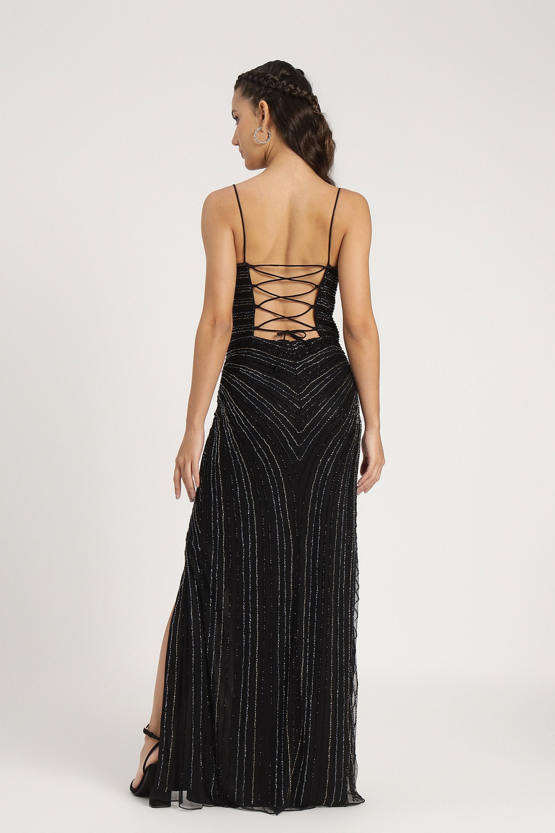 Kimberly Embellished Black Maxi Dress for Women - Elegant Long Evening Gown for Parties, Weddings & Special Occasions