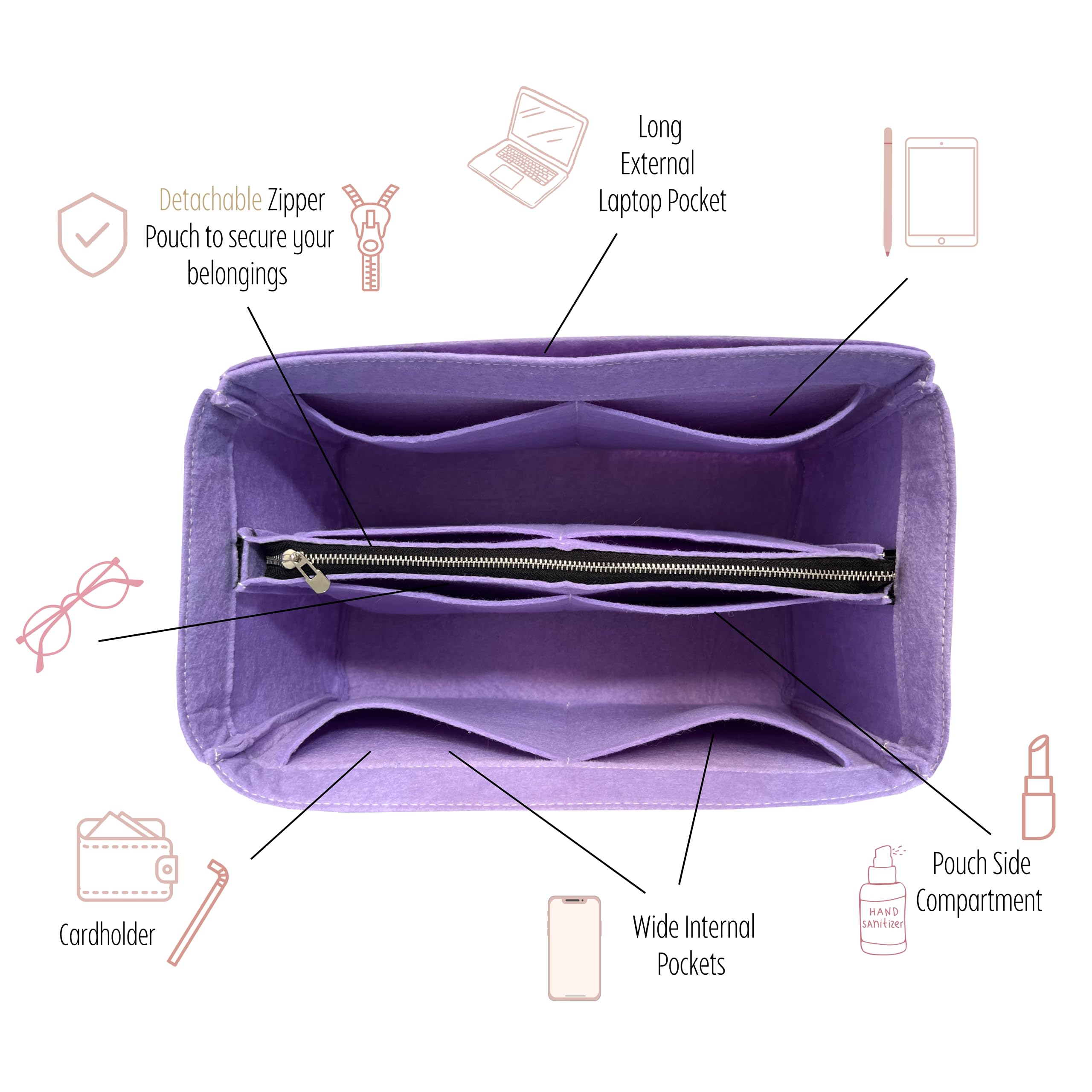 Premium Felt Purse Organizer Insert for Tel*** Medium Shopping Bag - Large Size with Cup Holder & Silver Zipper | Handmade 2mm Thick Sturdy Organizer | Perfect for Work, Travel & Shopping (Lime Green)